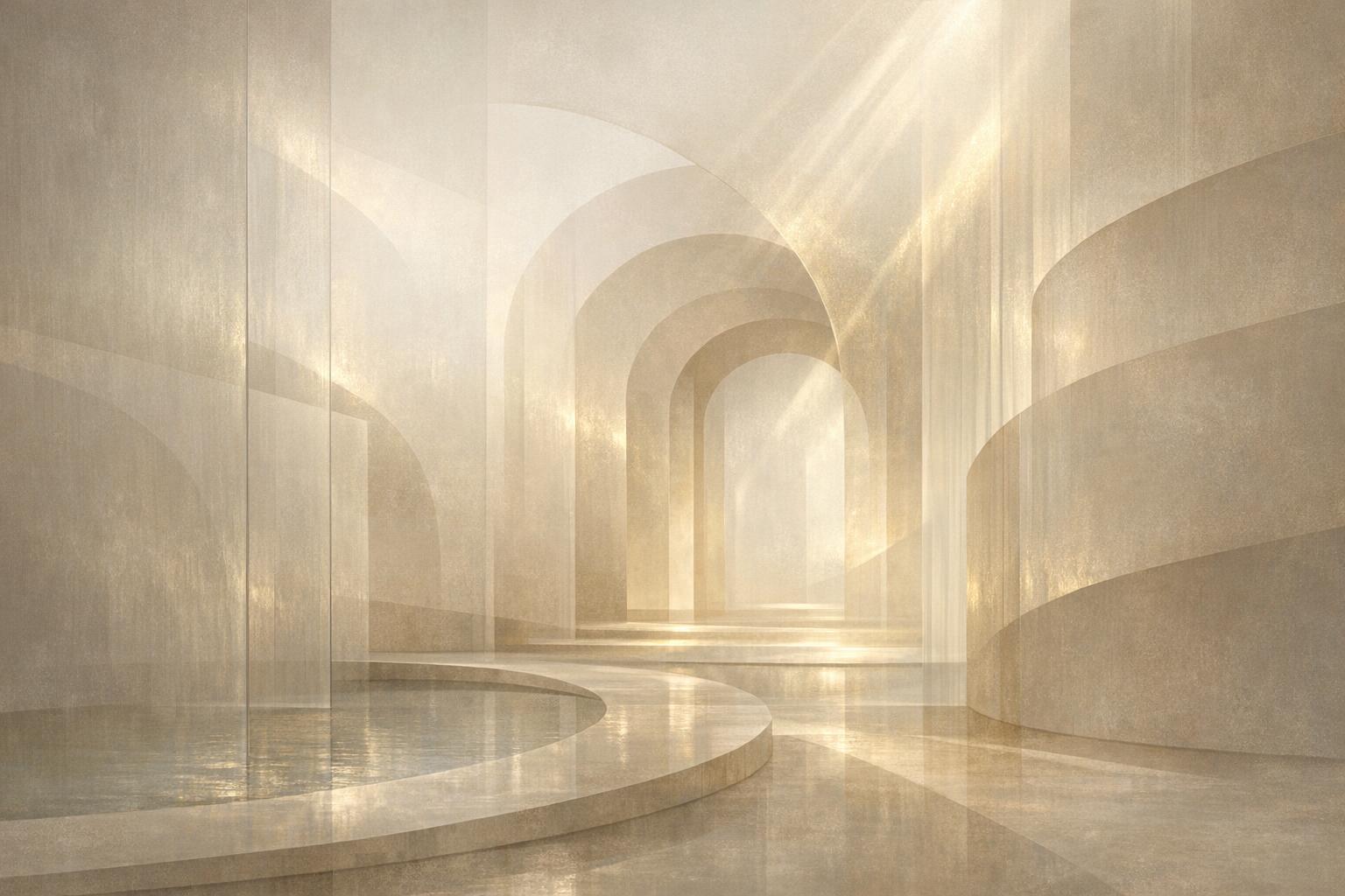 Abstract architectural composition with layered translucent panels and soft sunlight, representing ongoing divine guidance and peaceful trust