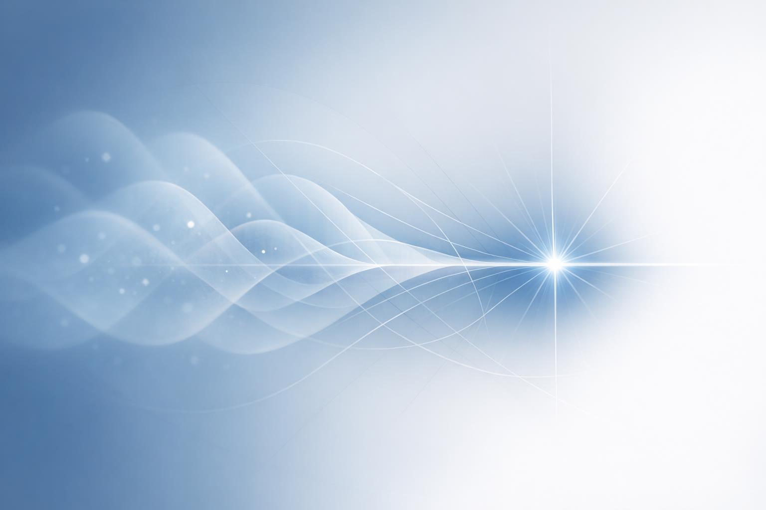 Abstract visualization of quantum possibilities crystallizing into a defined state through conscious awareness, using soft blue and white tones.