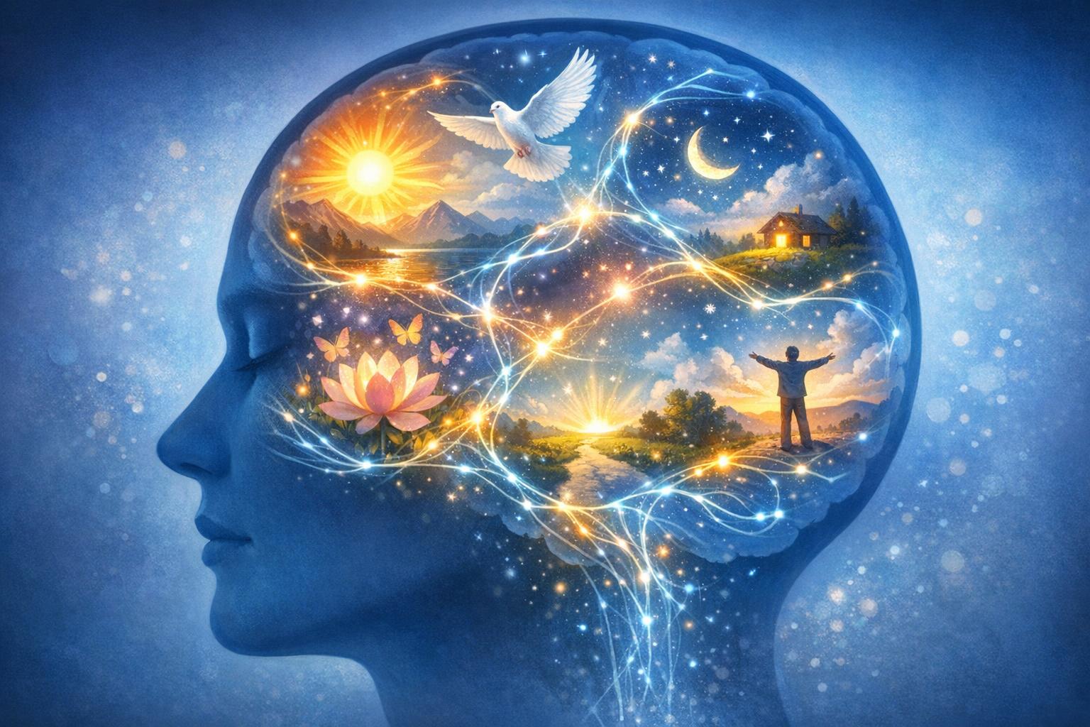 Illustration of a stylized human brain with bright, interconnected neural pathways forming positive mental images.