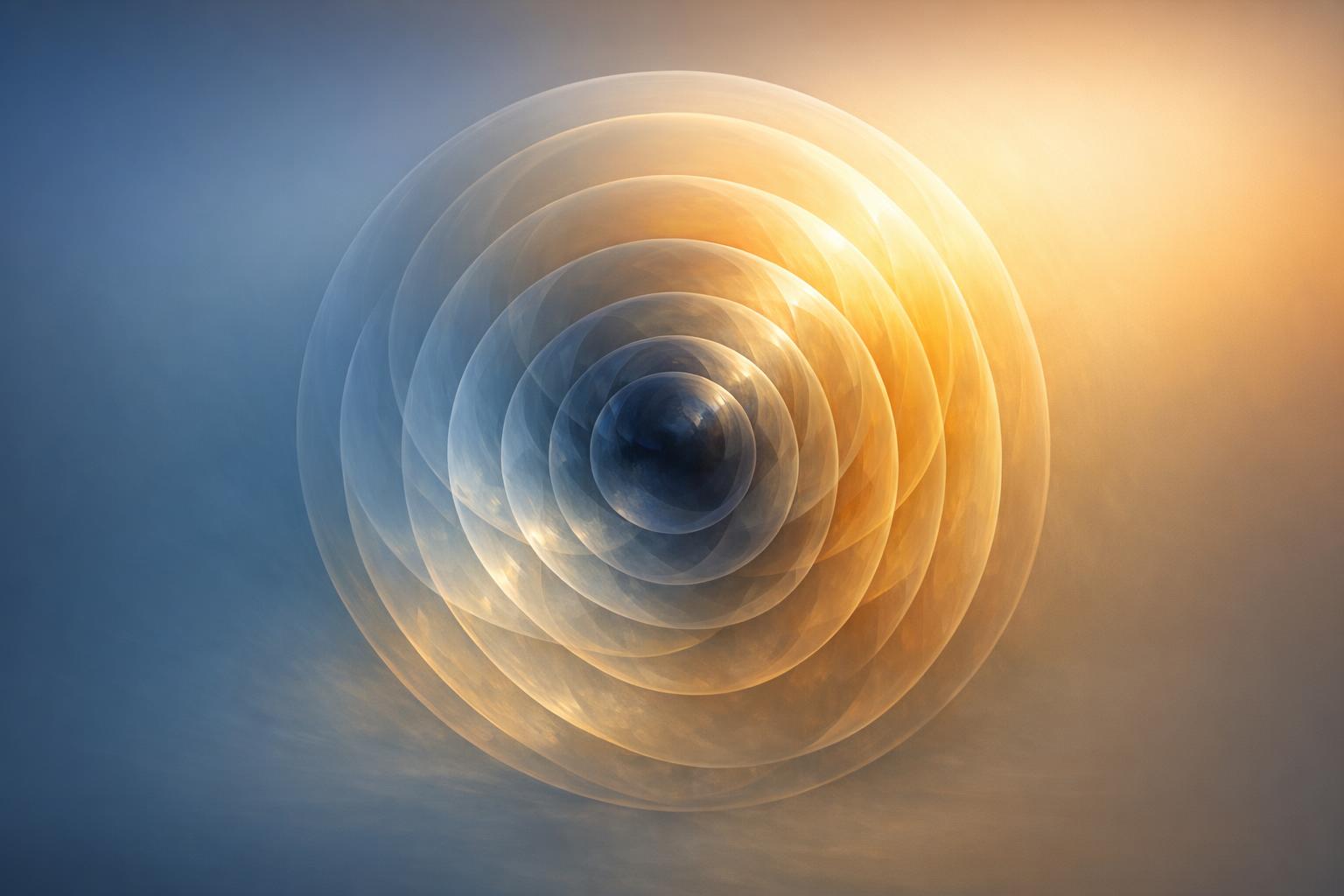 Layered translucent spheres in gradient colors representing the delayed transformation of past thoughts into present reality.
