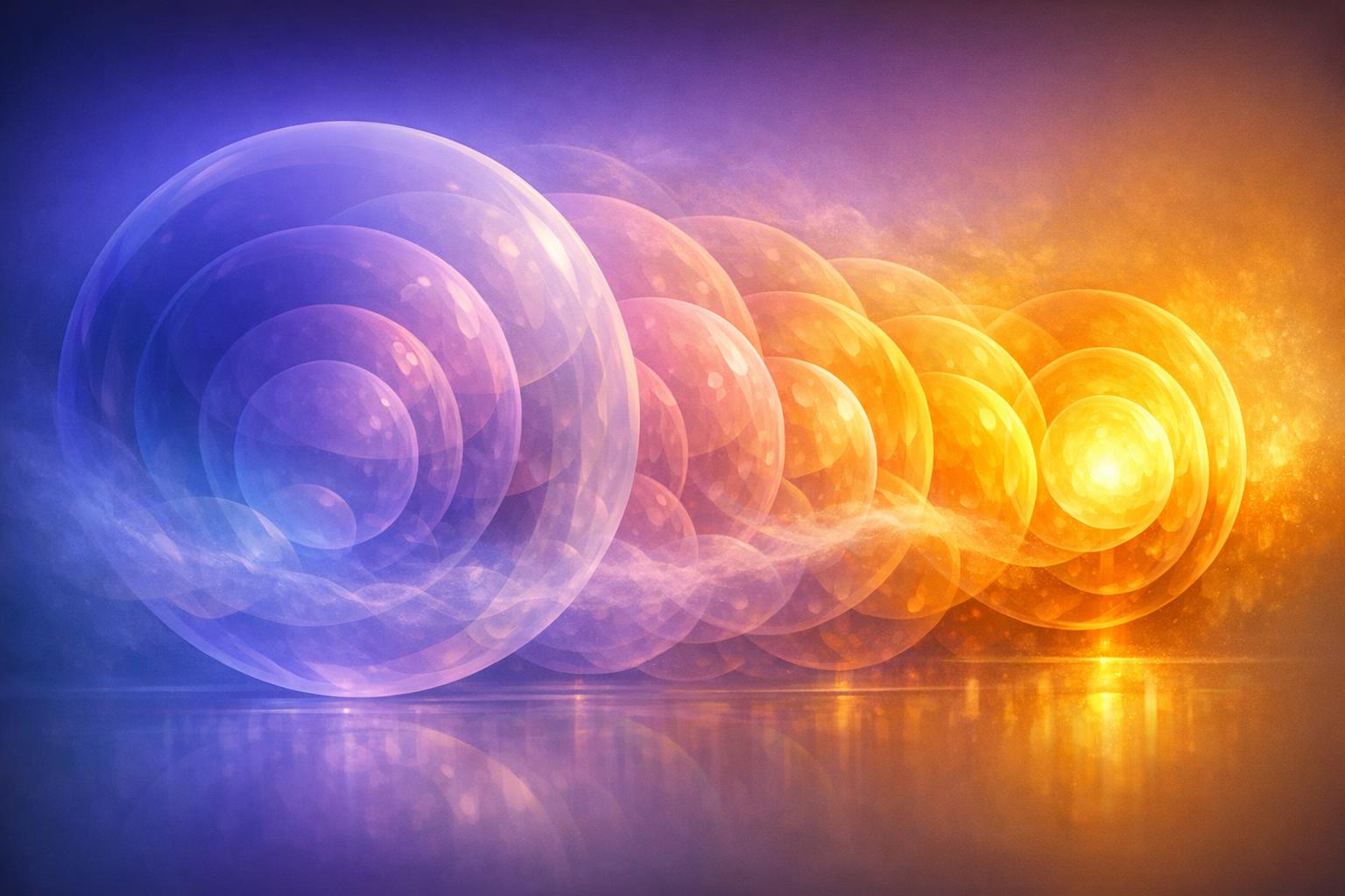Calm lake reflecting softly illuminated abstract shapes, symbolizing present as moment of self-reflection and renewal.