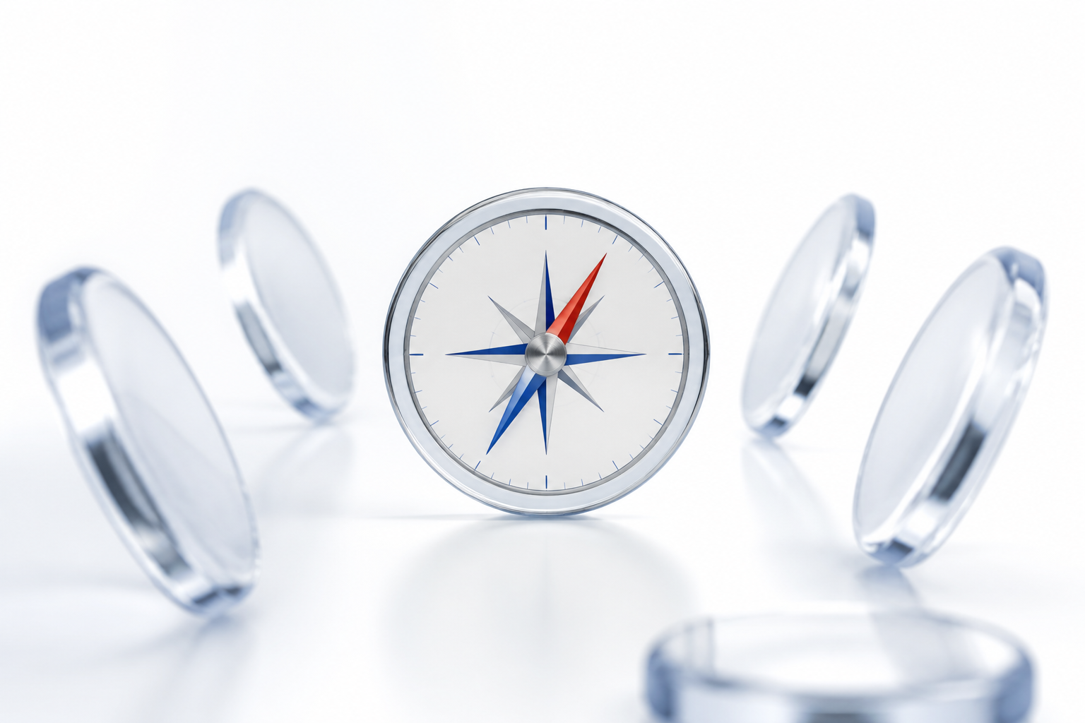 A single clear glass compass surrounded by softly blurred circular forms on a white background