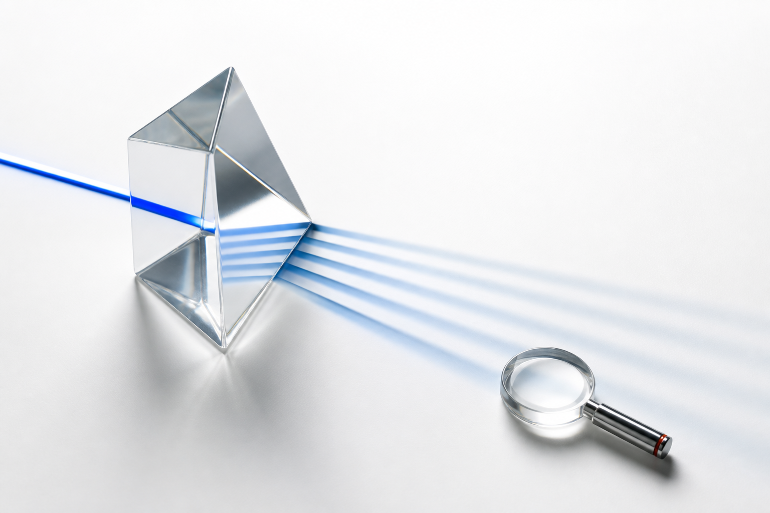 A polished prism separating one beam into repeated bands of light on a white background