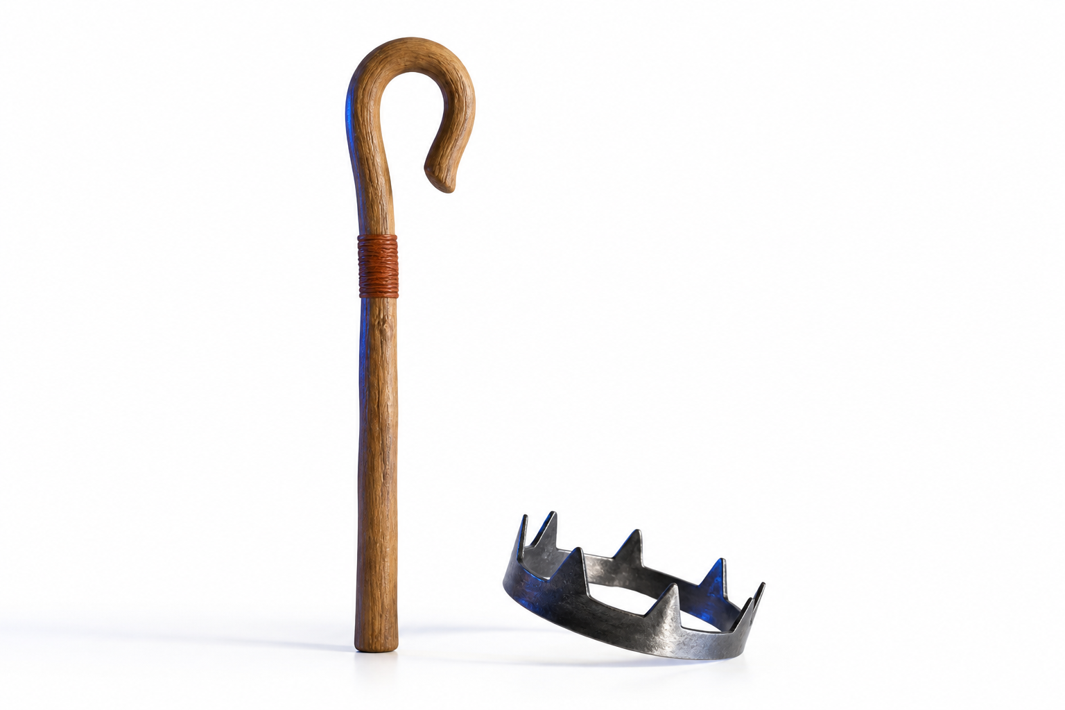 A simple wooden shepherd staff standing beside a fallen iron crown on a white background
