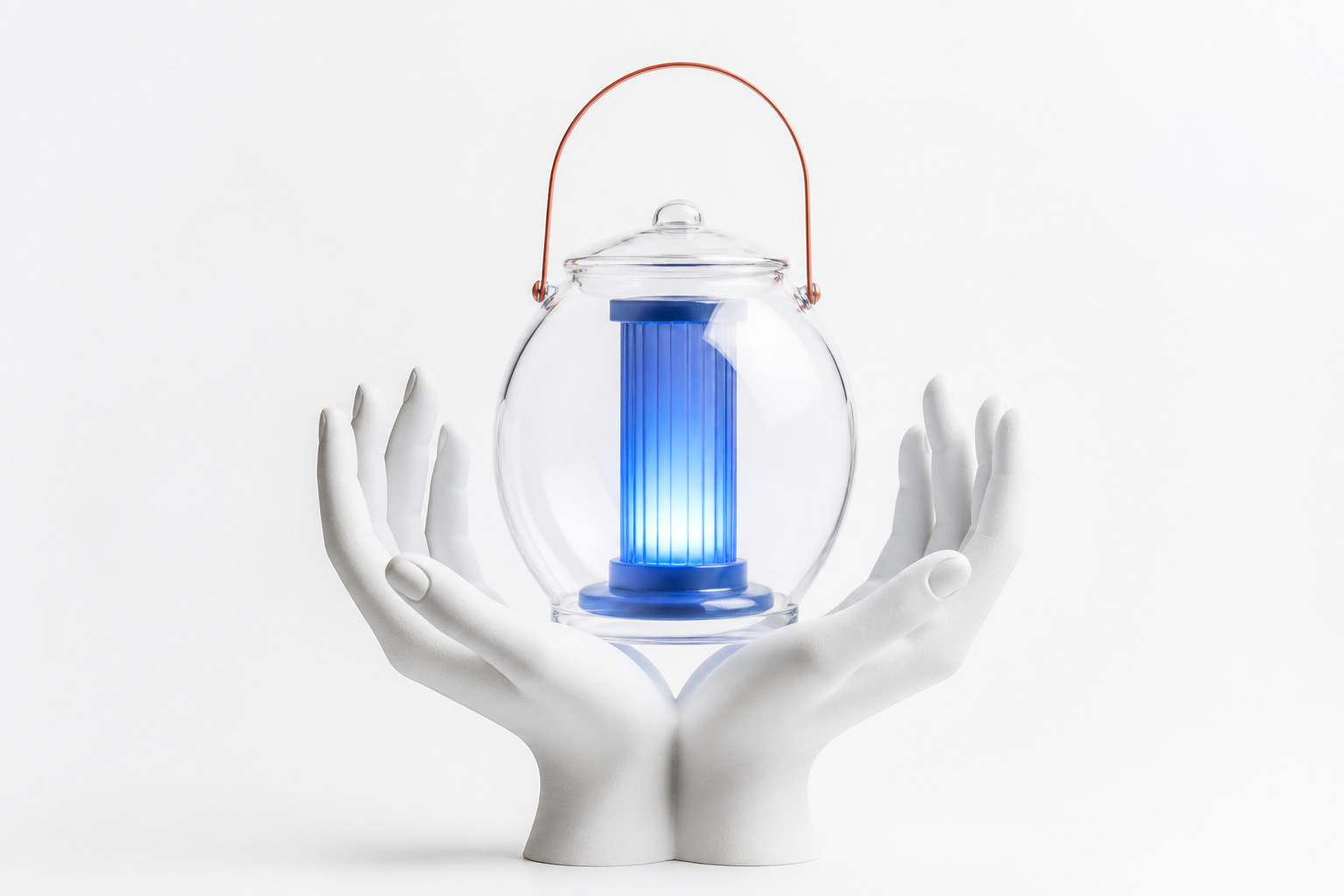 Two balanced open hands supporting a clear lantern on a white background
