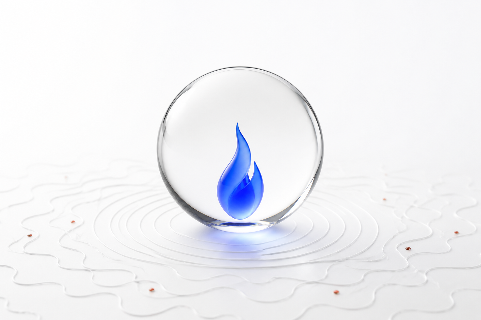 A calm blue flame protected inside a transparent glass sphere on a white background