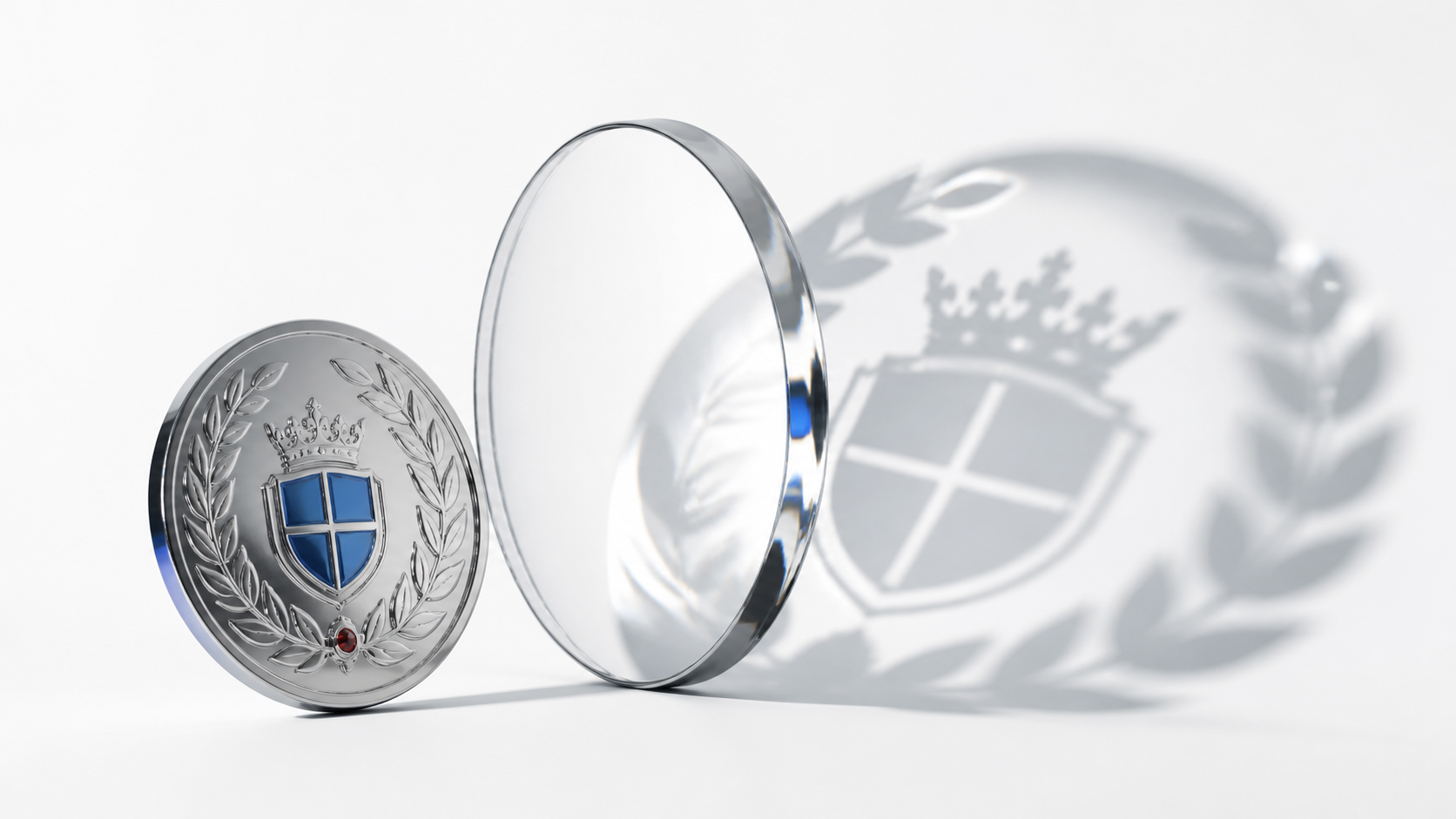 A polished ceremonial medallion casting an enlarged shadow through a clear lens on a white background