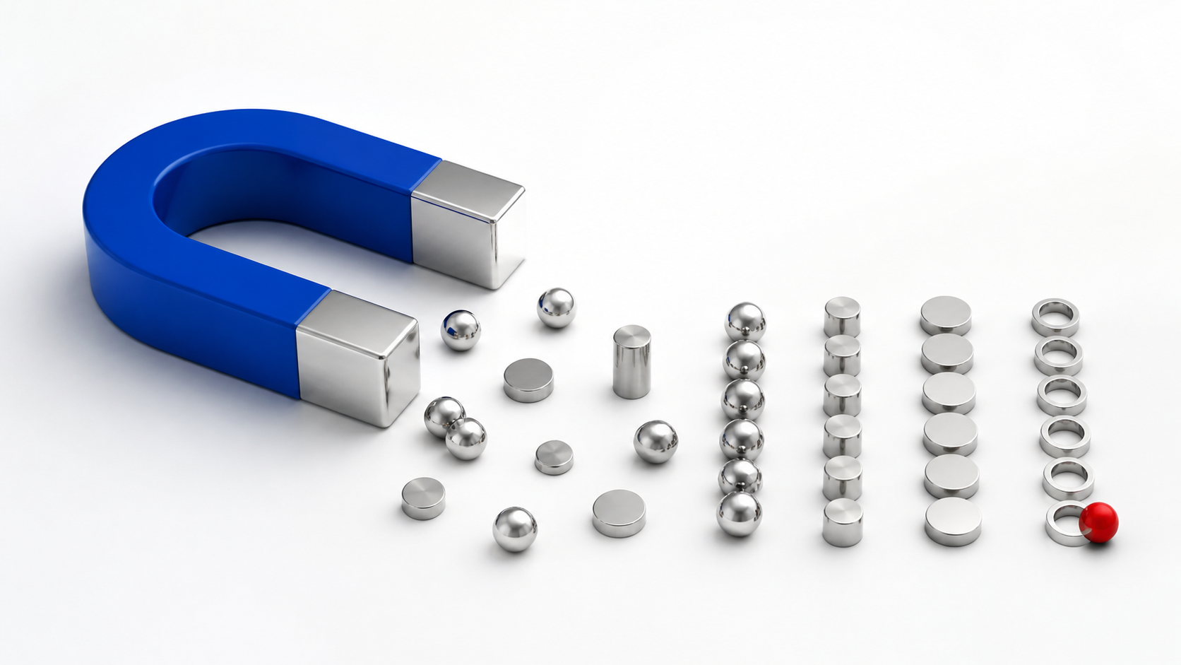 A cobalt blue magnet aligning scattered metal pieces into orderly rows on a white background