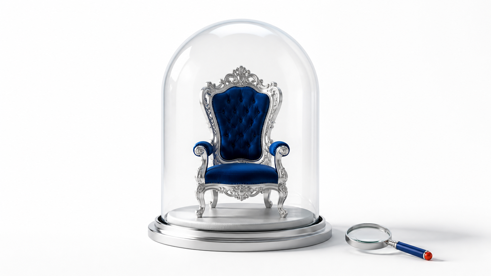 An ornate empty chair sealed beneath a clear glass dome beside a small inspection lens on a white background