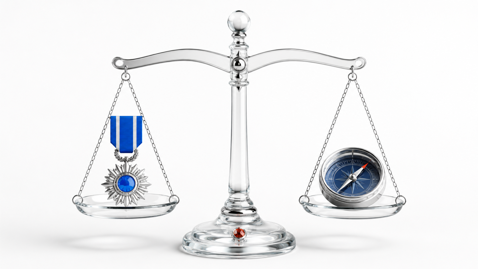 A transparent balance scale weighing a bright medal against a steady compass on a white background