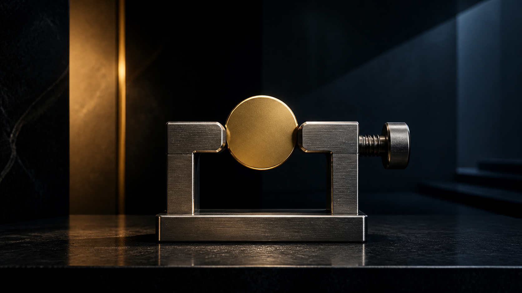 A single gold coin held precisely by a brushed steel measuring caliper in a dark cinematic studio