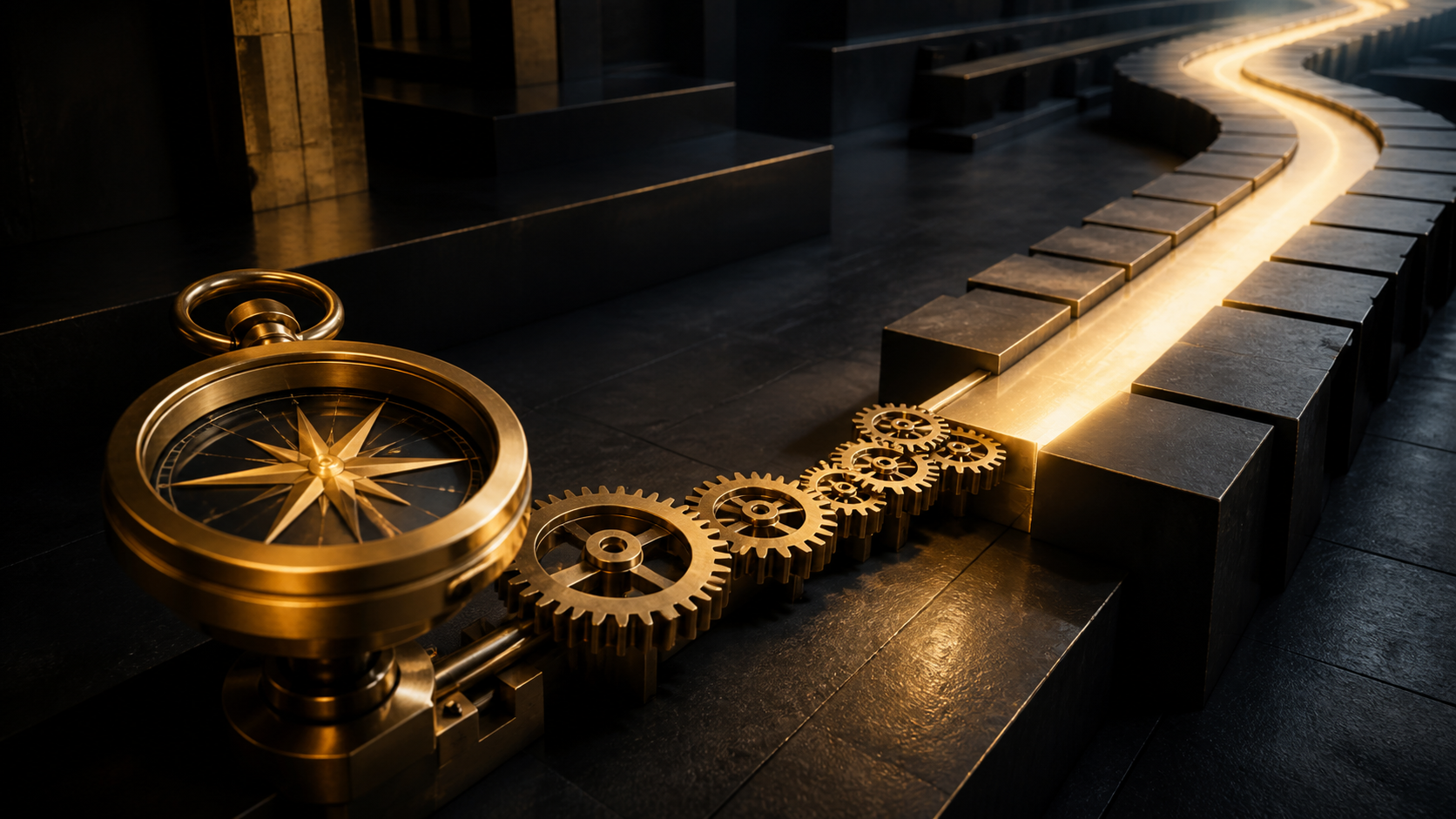 A brass compass guiding interlocking gears along a lit path across a dark architectural surface