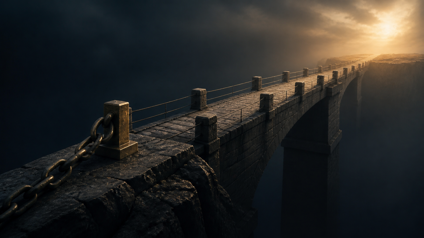 A stone-anchored bridge crossing a dark void toward steady warm light in a cinematic environment
