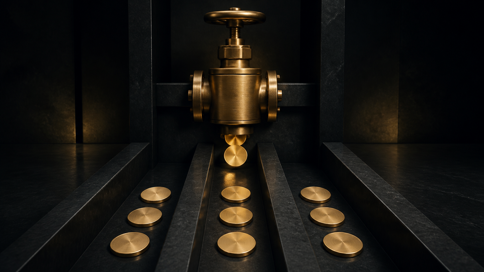 A precision brass gate directing a measured stream of coins into orderly channels in a dark architectural setting