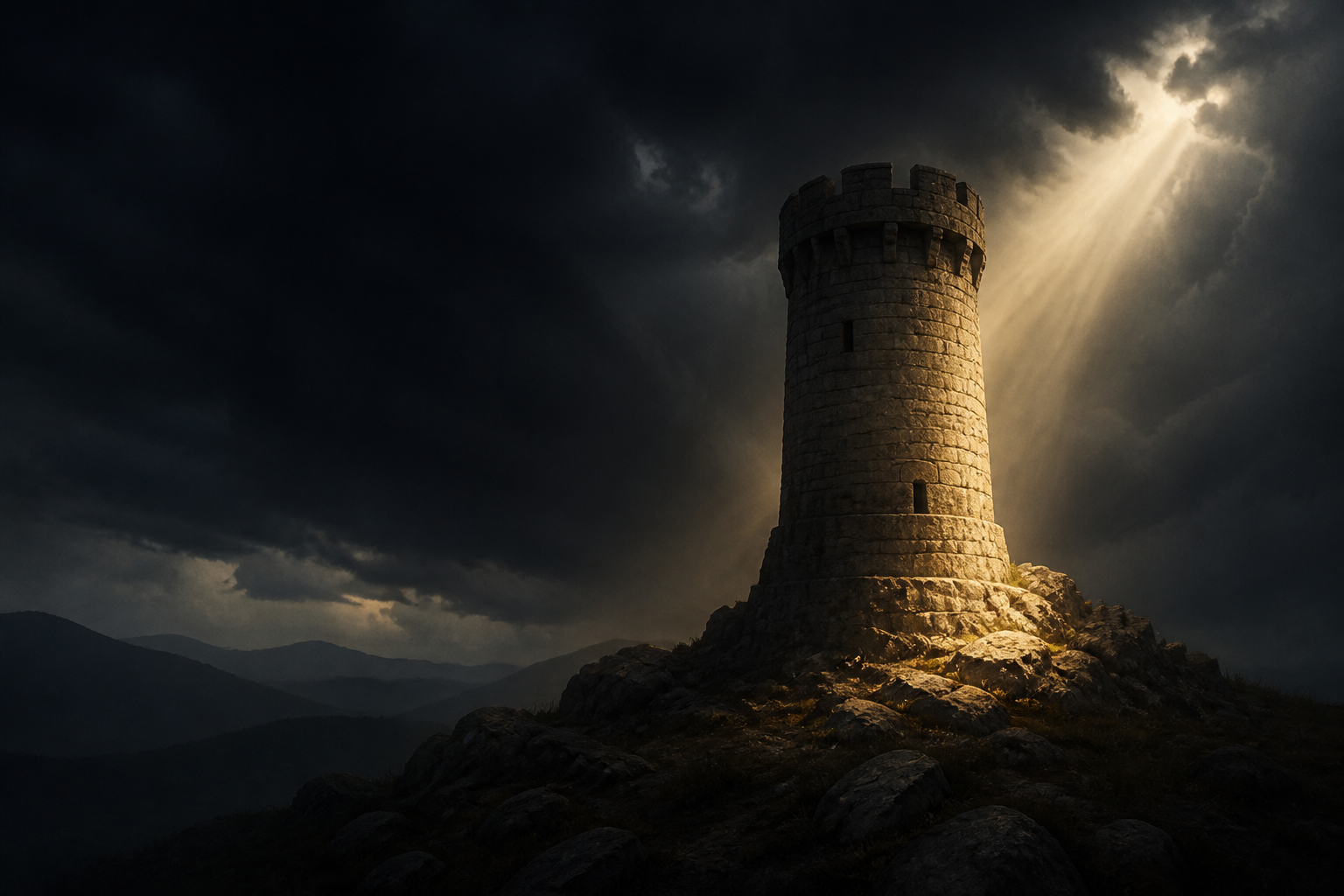A solitary illuminated watchtower standing firm against a dark advancing storm