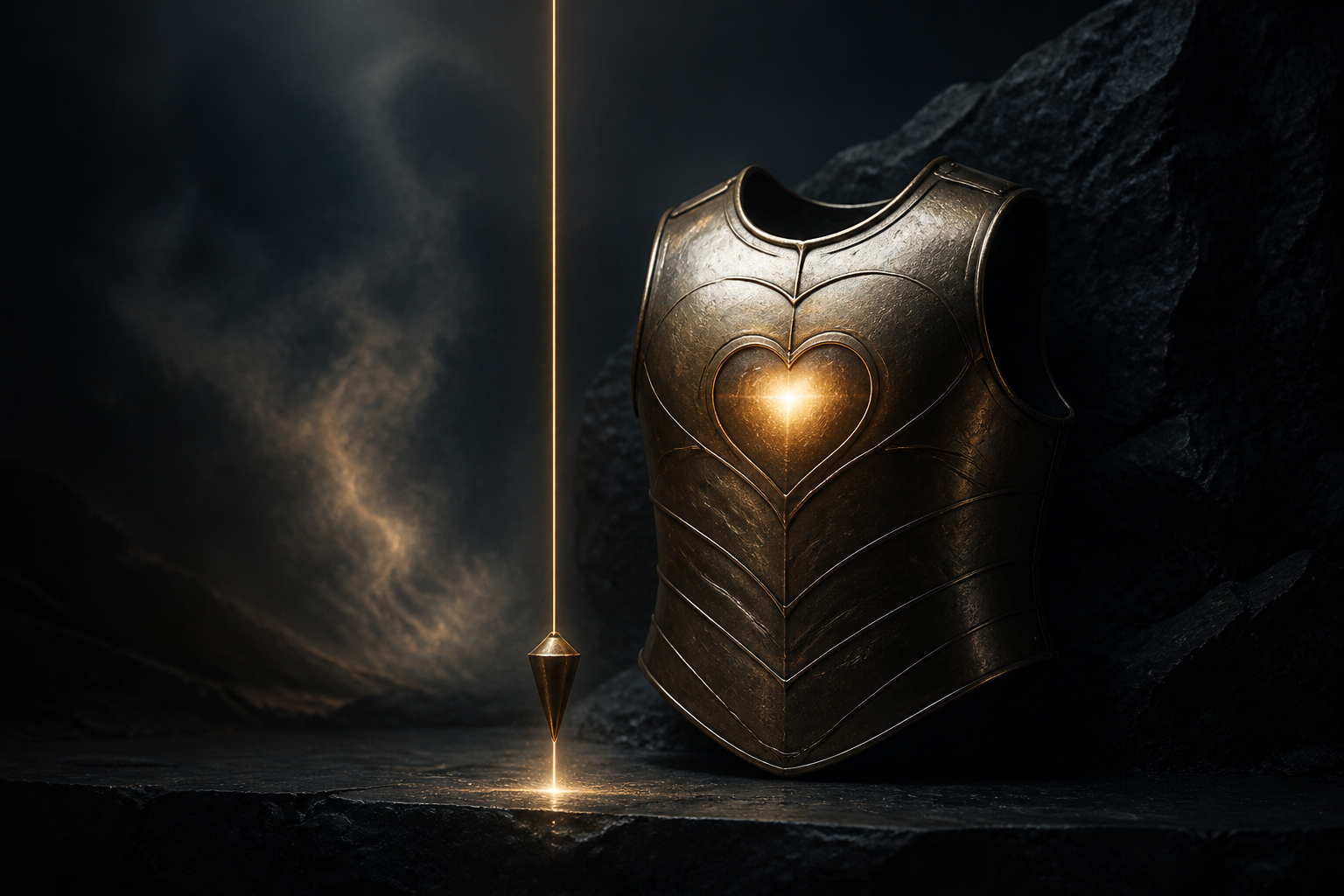 A luminous plumb line and protective bronze breastplate aligned around a glowing heart-shaped light