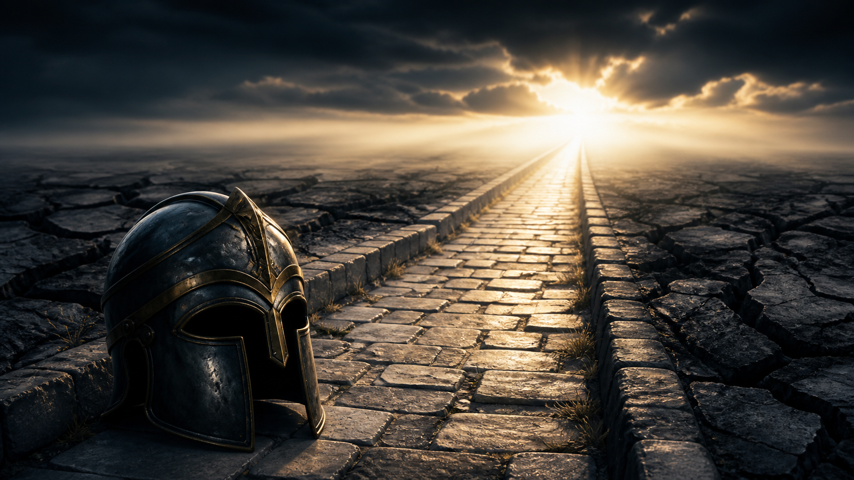 A polished helmet beside a calm illuminated path crossing turbulent ground