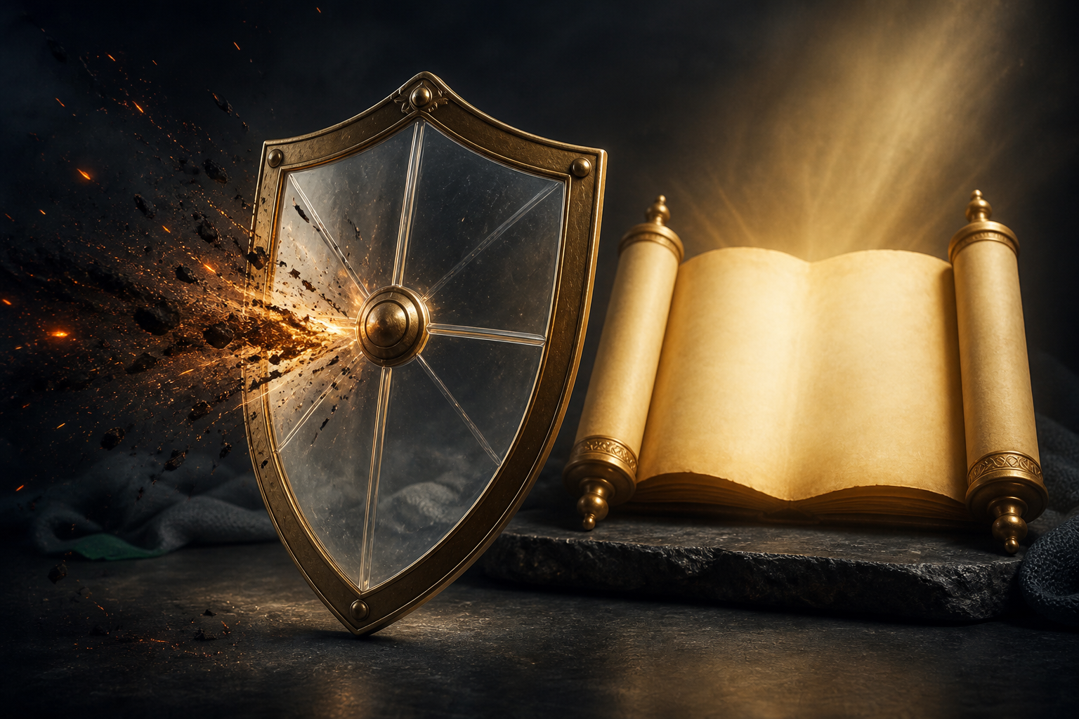 A translucent shield deflecting dark fragments beside a radiant open scroll without writing