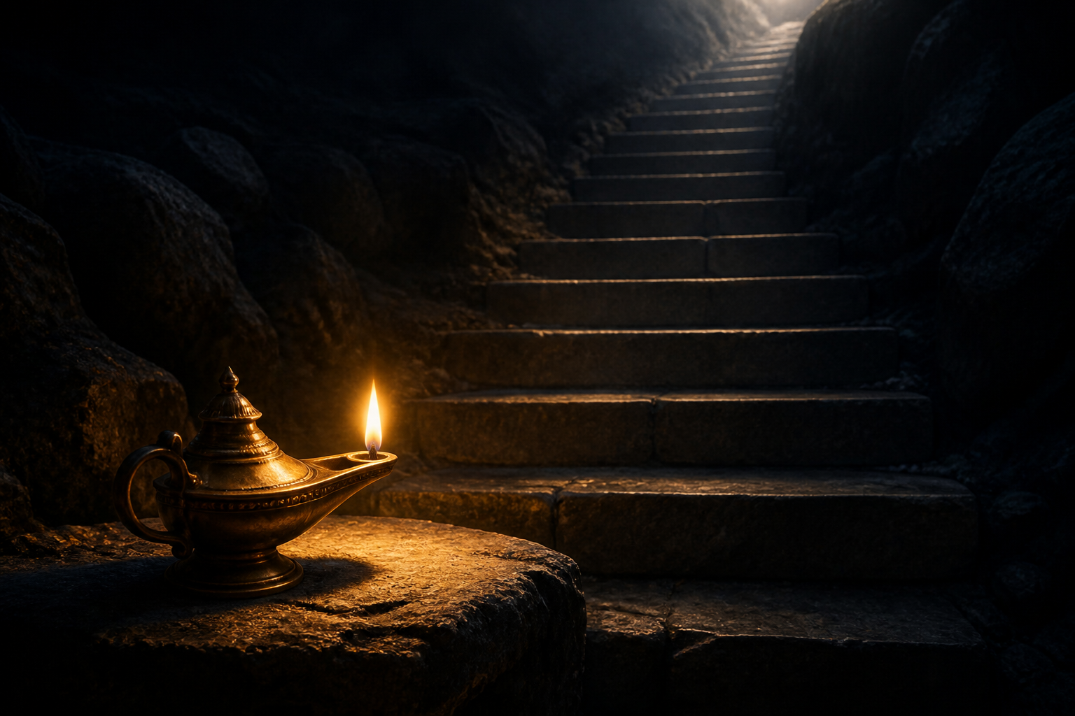 An anchored lamp illuminating a sequence of firm stone steps through darkness