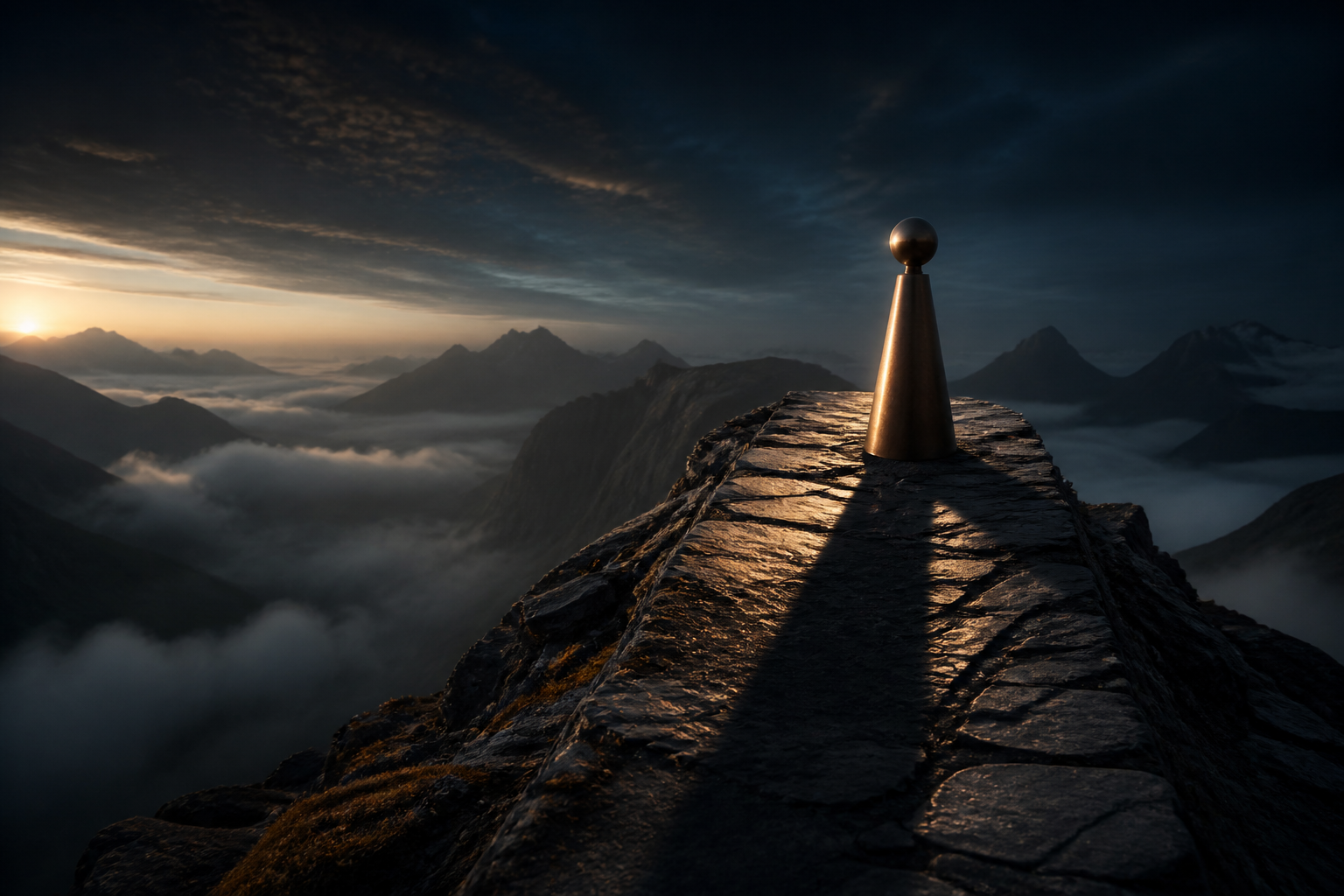 A polished summit marker casting a long shadow over a narrow ridge