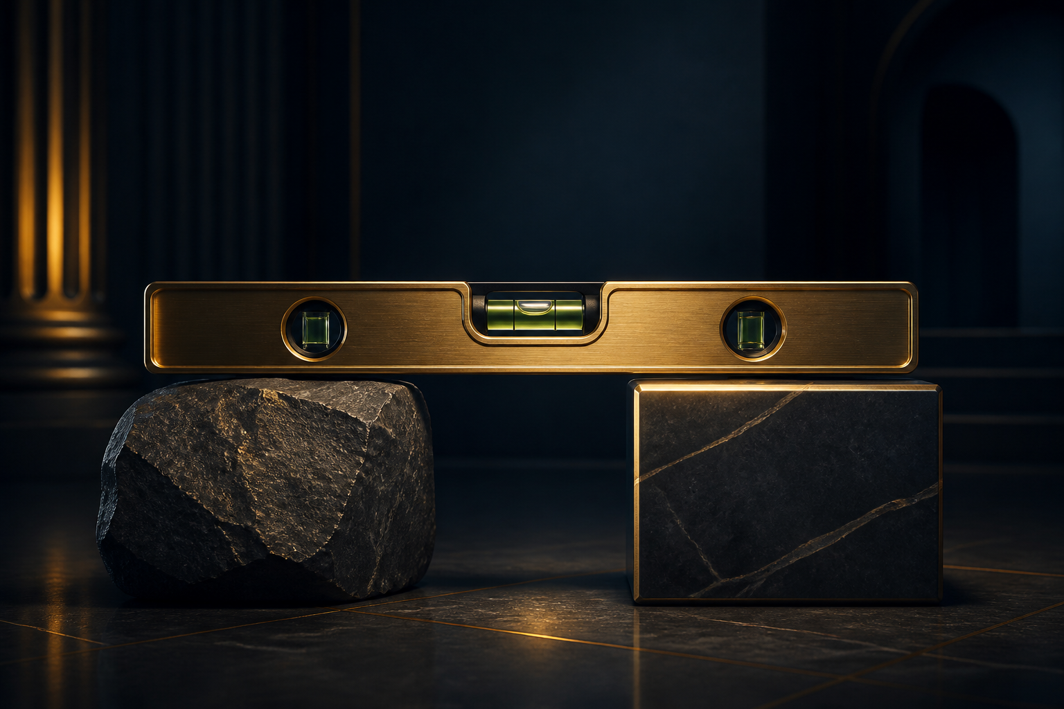 A balanced brass level resting across rough and polished stone
