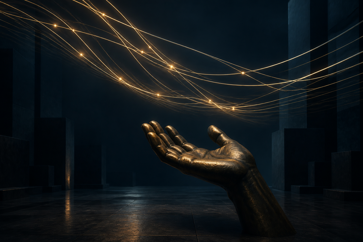 An open hand beneath a complex field of suspended paths and lights