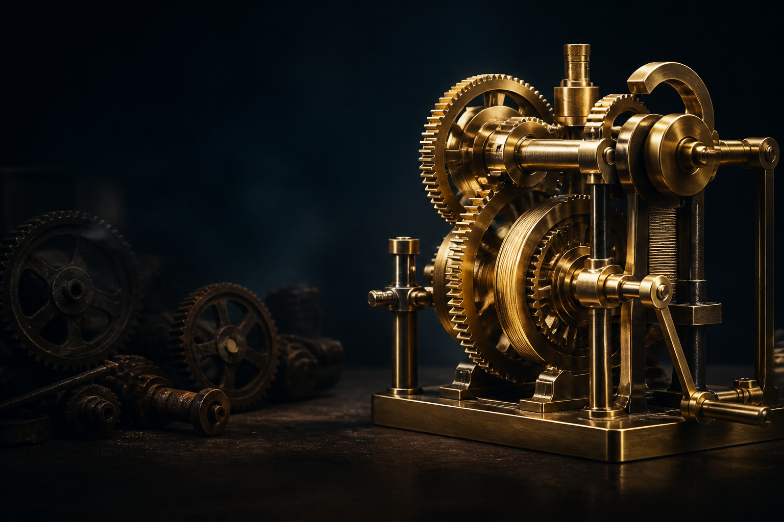 A carefully maintained brass mechanism continuing to turn beside neglected rusted gears