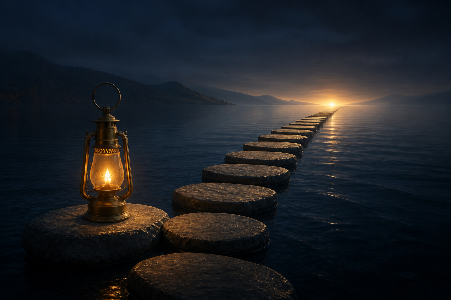 A steady lamp illuminating evenly spaced stepping stones across deep water