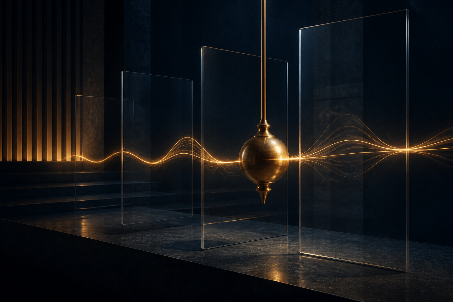 A brass pendulum crossing layered transparent glass planes at different depths
