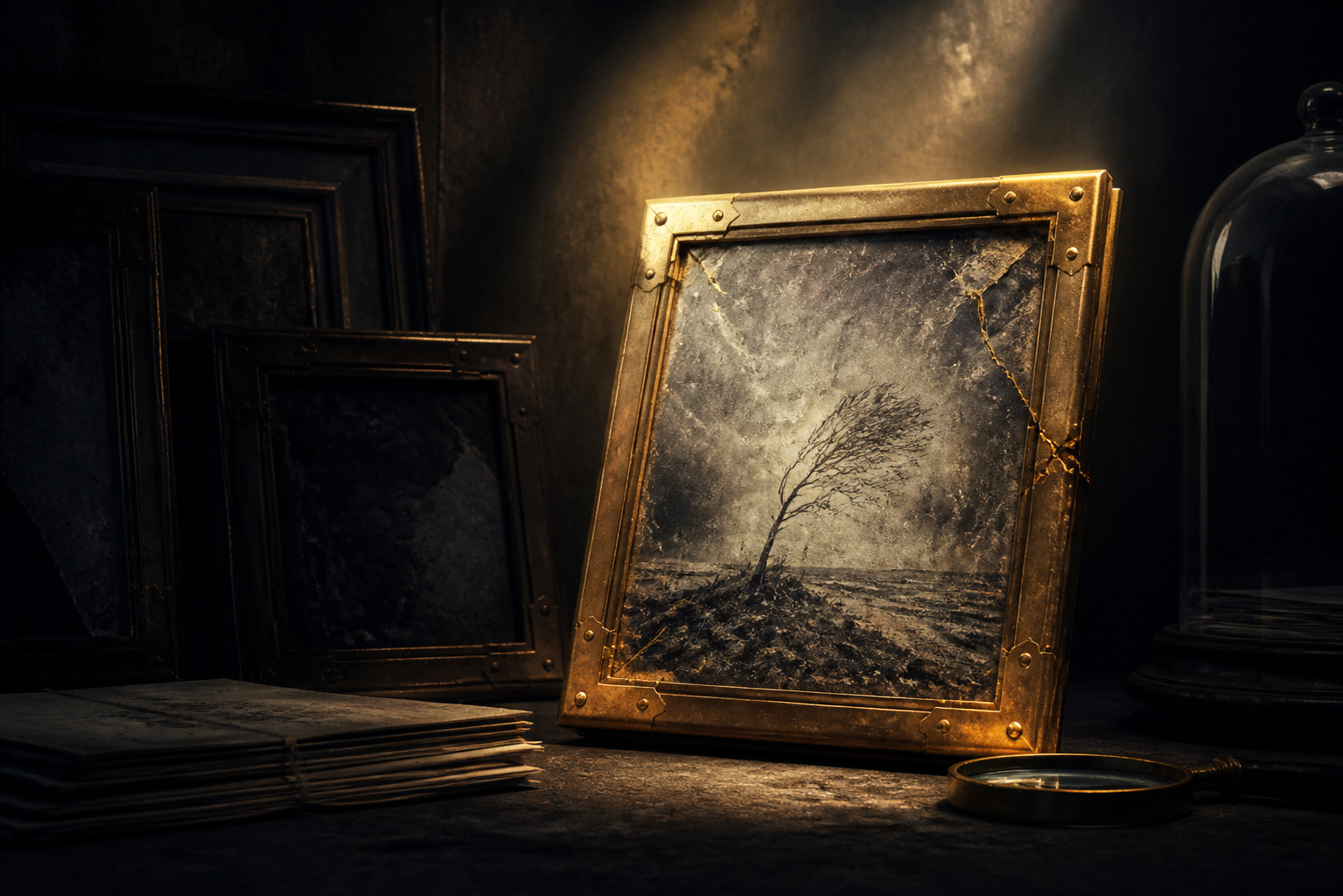 A restored golden frame surrounding an unchanged weathered photograph with no visible people