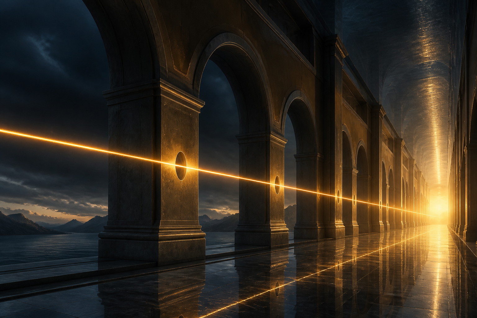 A luminous golden thread passing through a vast sequence of stone arches toward light