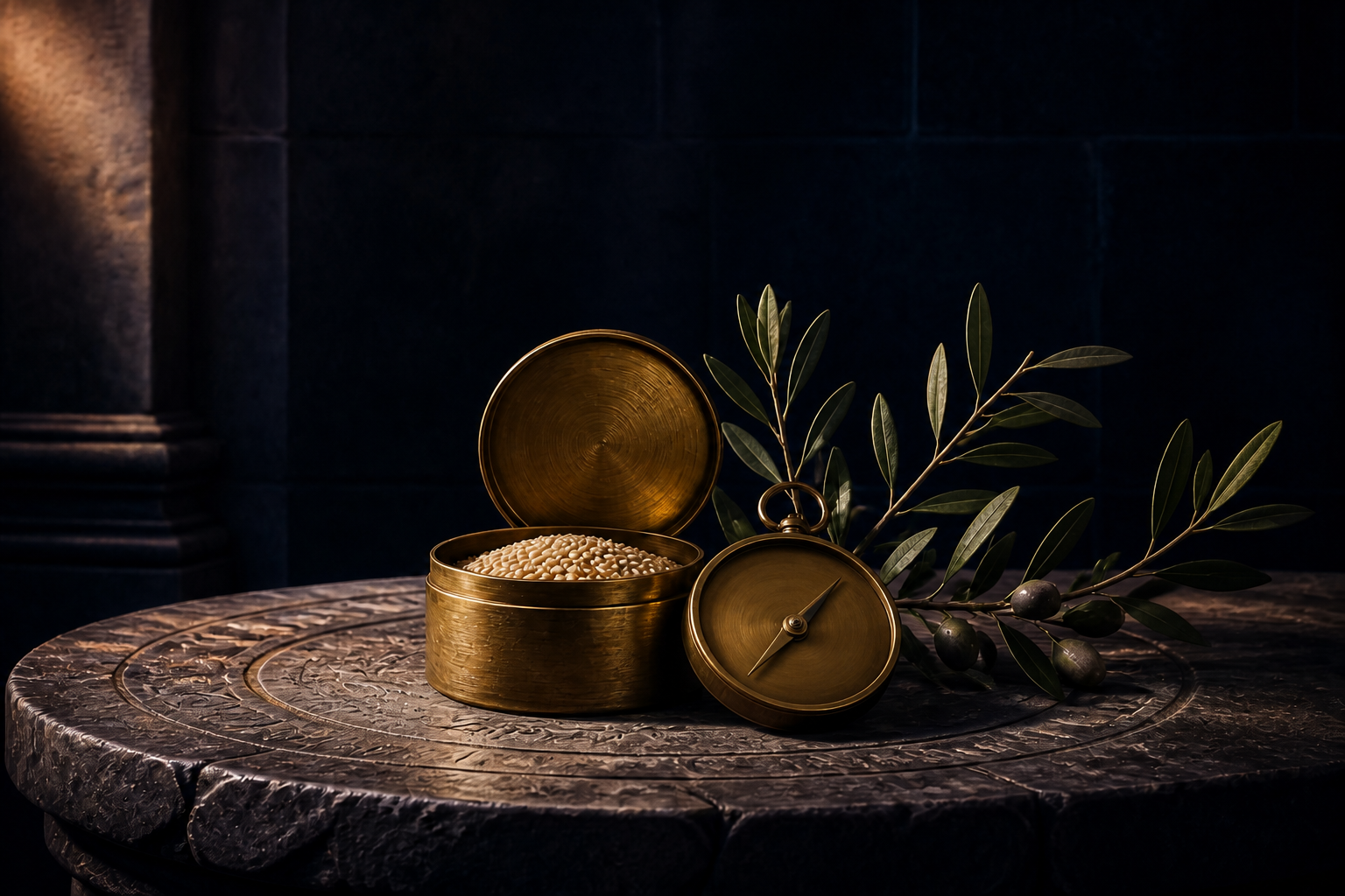 A brass vessel holding grain, a compass, and an olive branch within a dark stone chamber