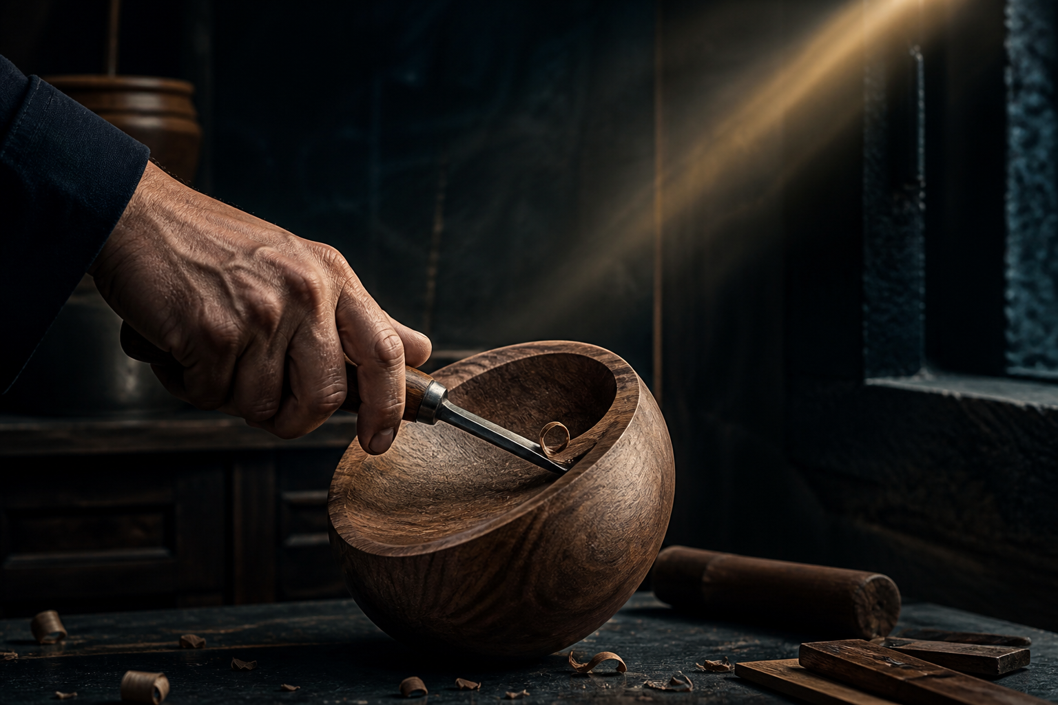 A skilled hand shaping a useful wooden object beneath a measured beam of golden light