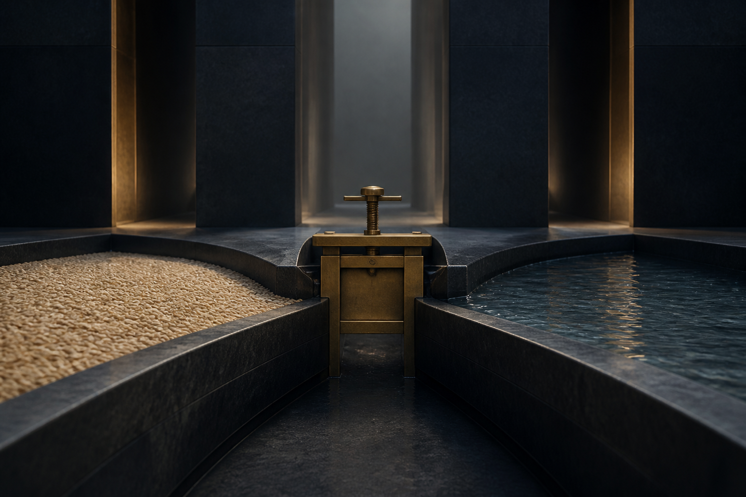 Two balanced stone channels exchanging grain and water through a precise brass gate
