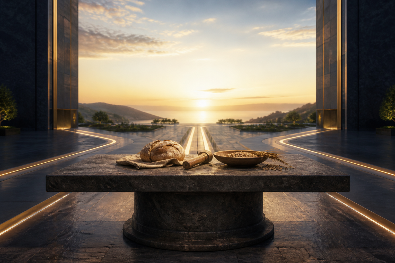A strong stone table distributing bread, tools, and seed into several illuminated paths