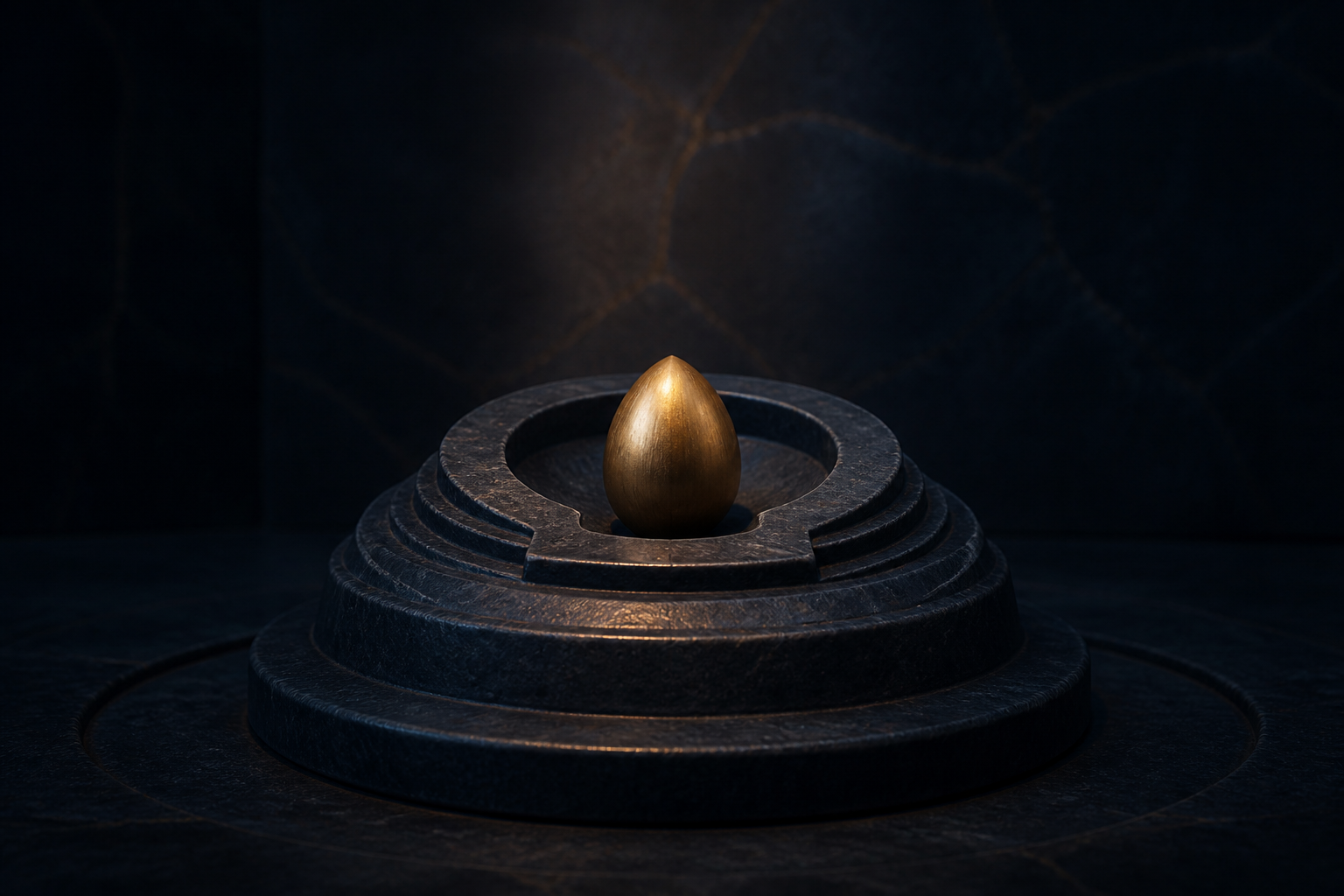 A brass seed held within a carefully carved stone foundation beneath a focused amber light