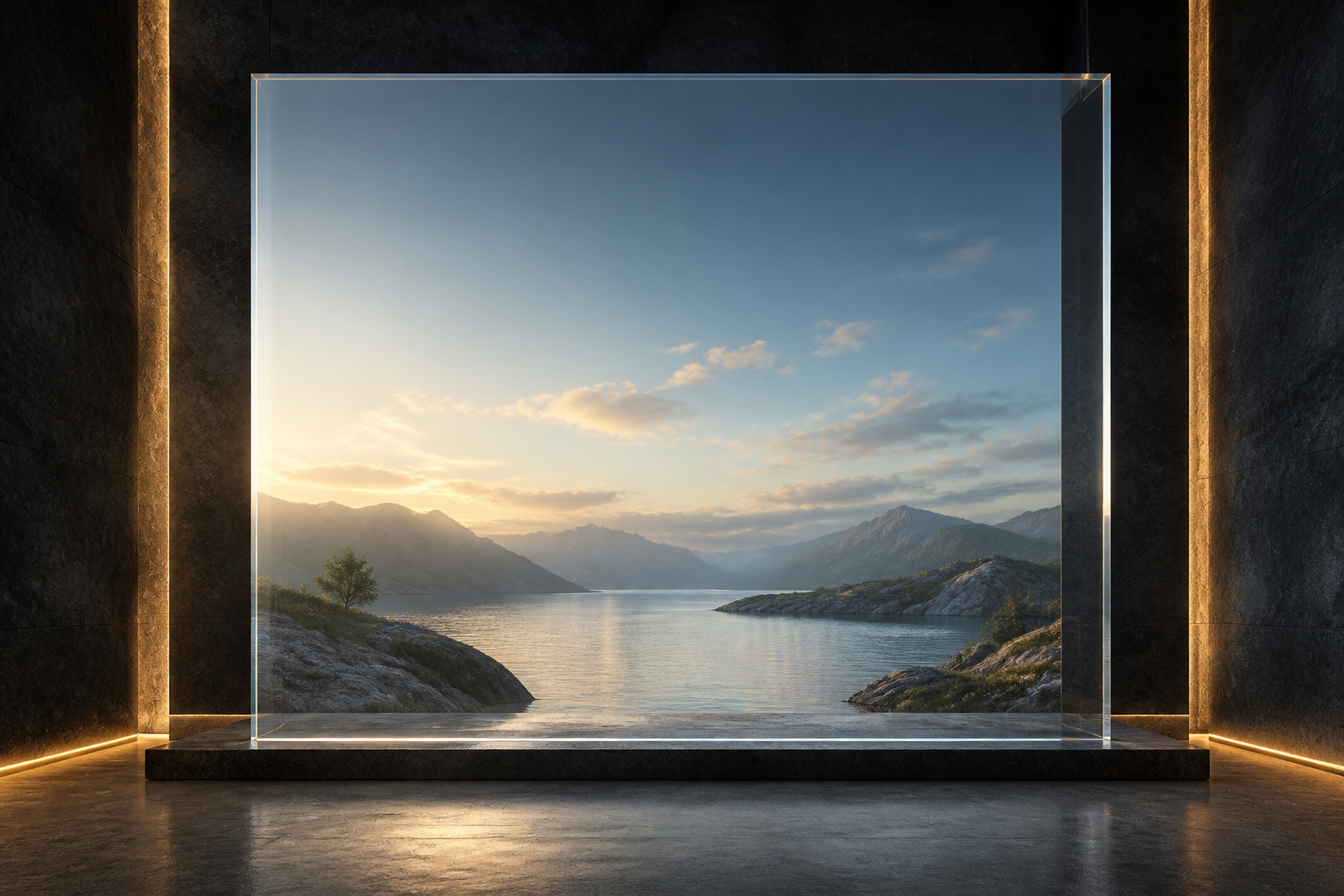 A single ordered landscape viewed through one clear glass plane instead of stacked mystical worlds