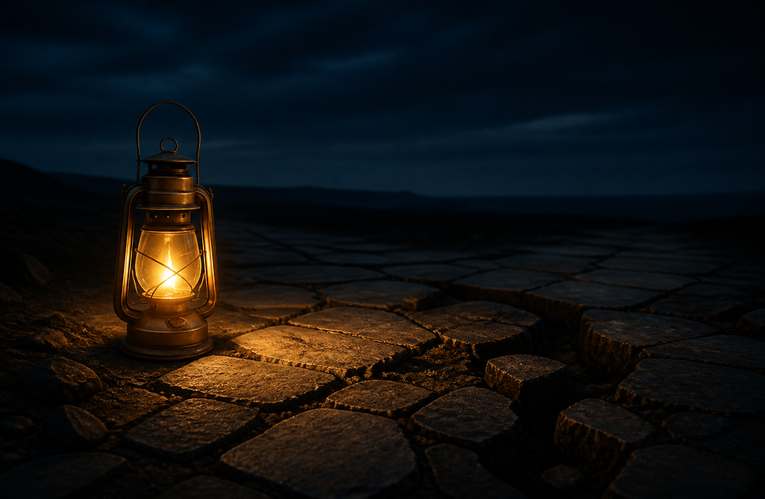 A brass lamp revealing cracks in a fixed stone path without changing the landscape around it