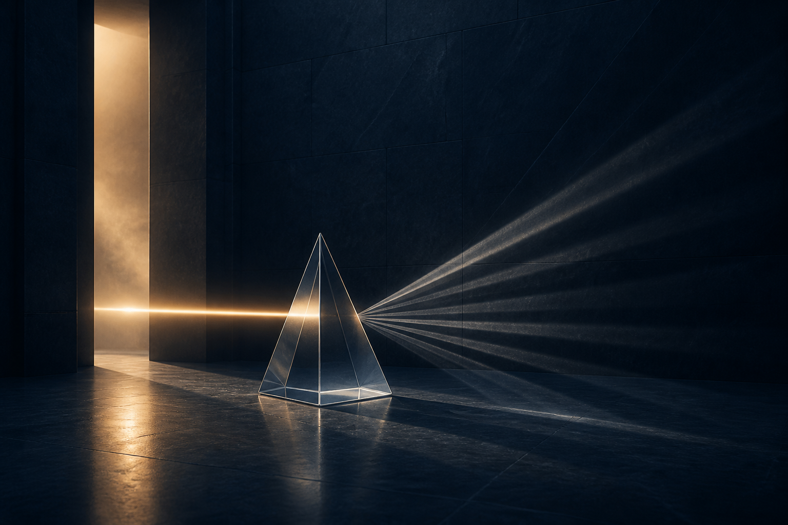 A clear glass prism separating clean golden light from distorted shadows over an open stone threshold