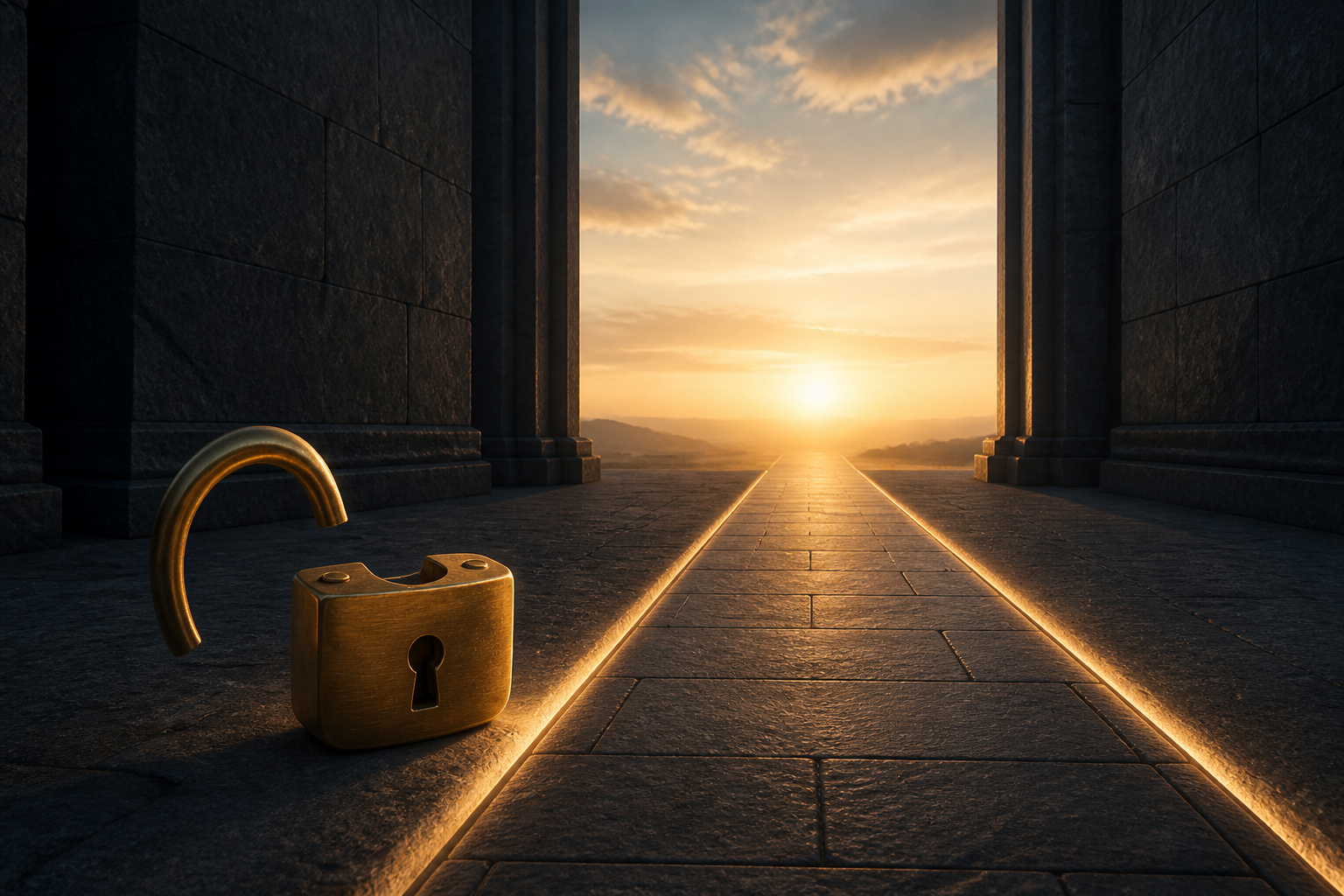 An opened brass lock beside a straight illuminated stone path leading into morning light