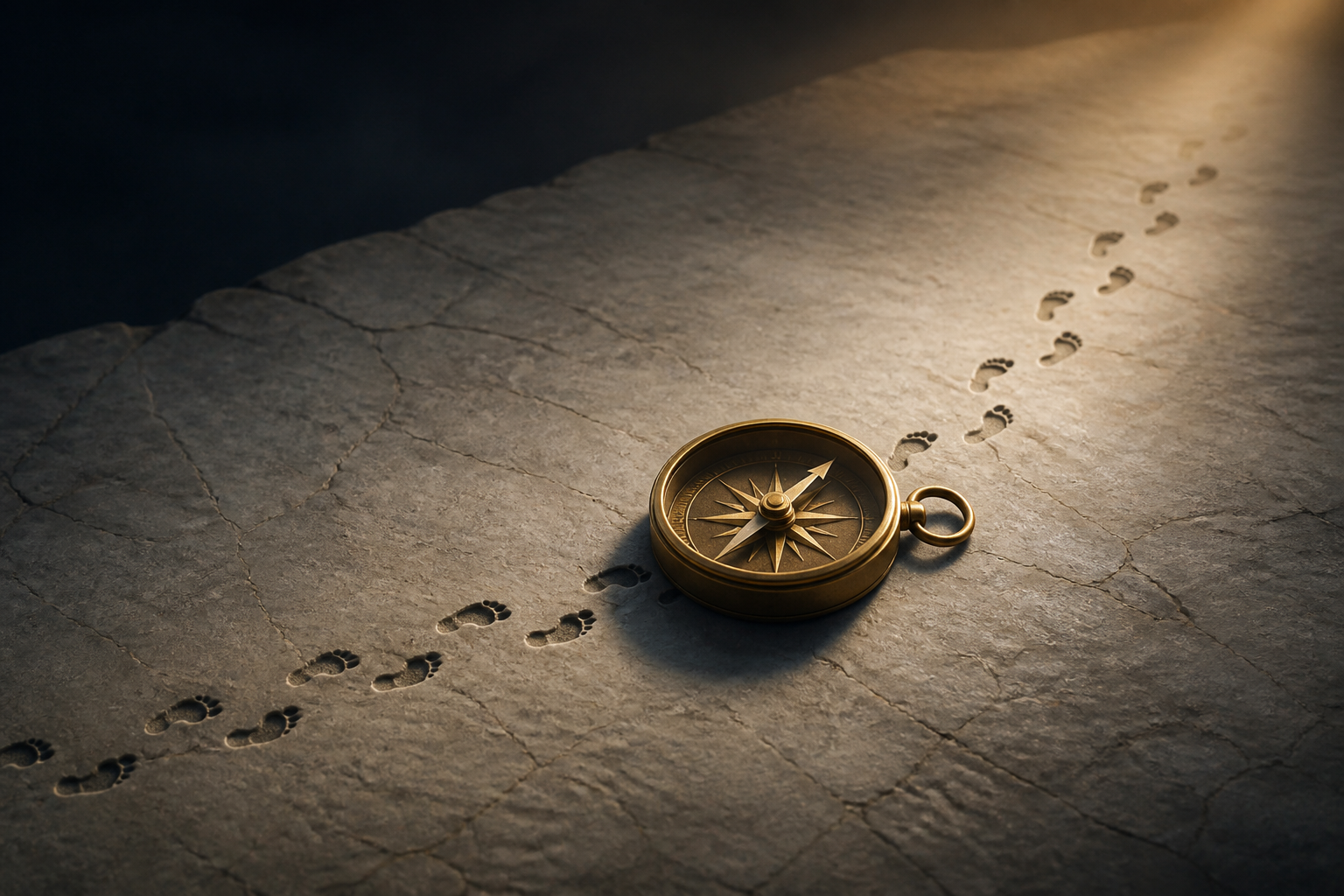 A brass compass directing footsteps across a real stone landscape while the surrounding world remains unchanged