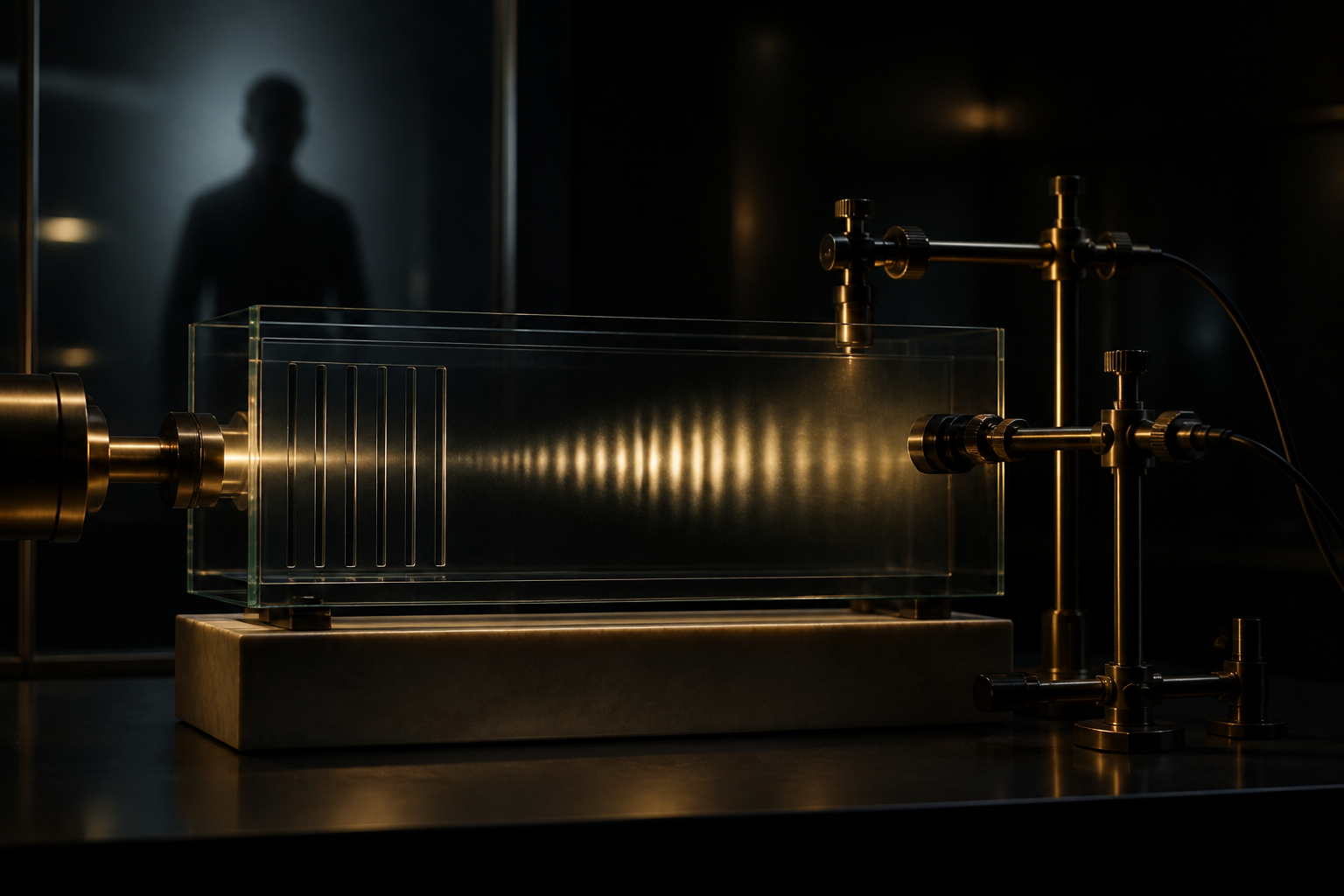 A glass wave apparatus recording a luminous interference pattern with a human silhouette behind it