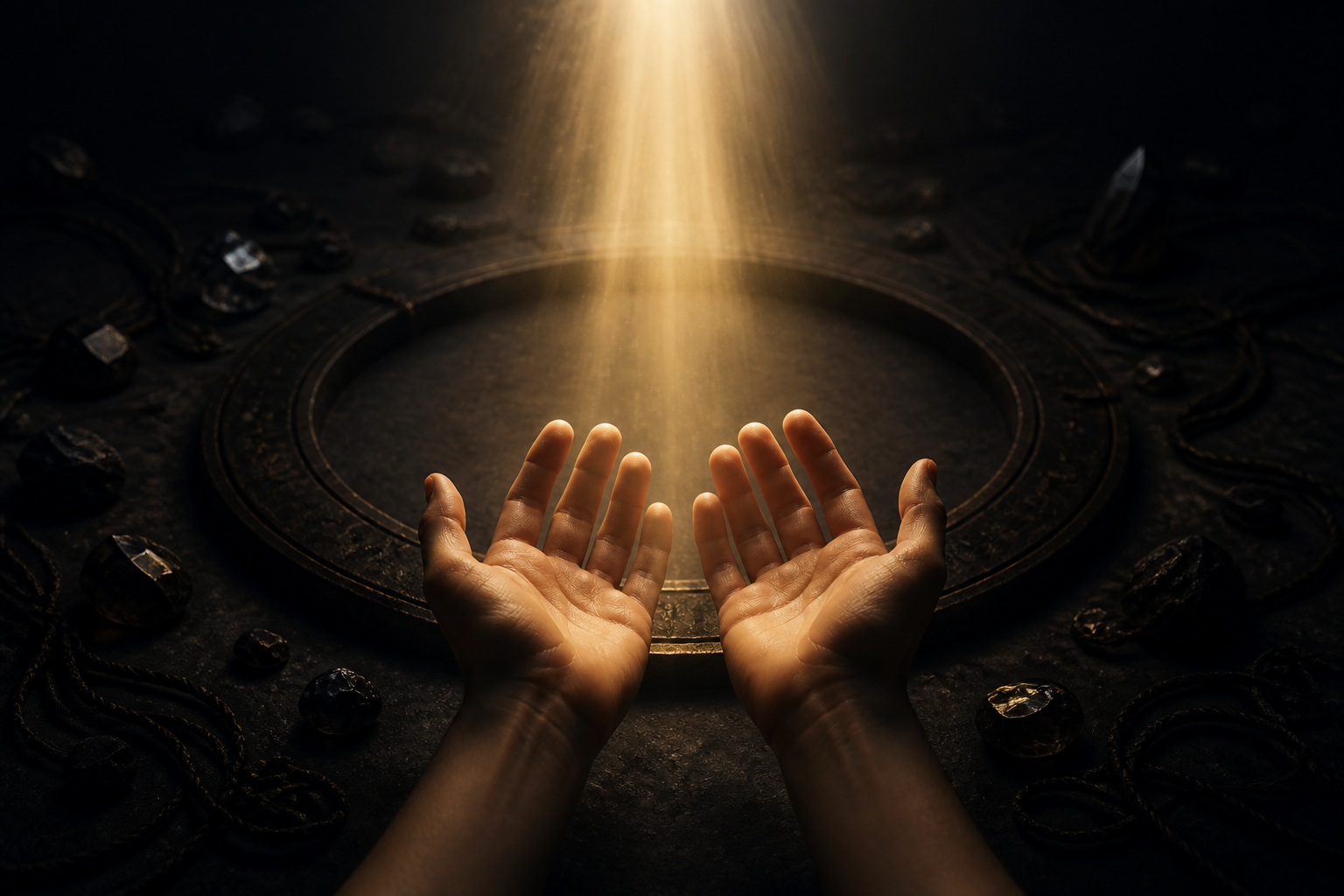 A dark ritual circle contrasted with open hands beneath a clear beam of light