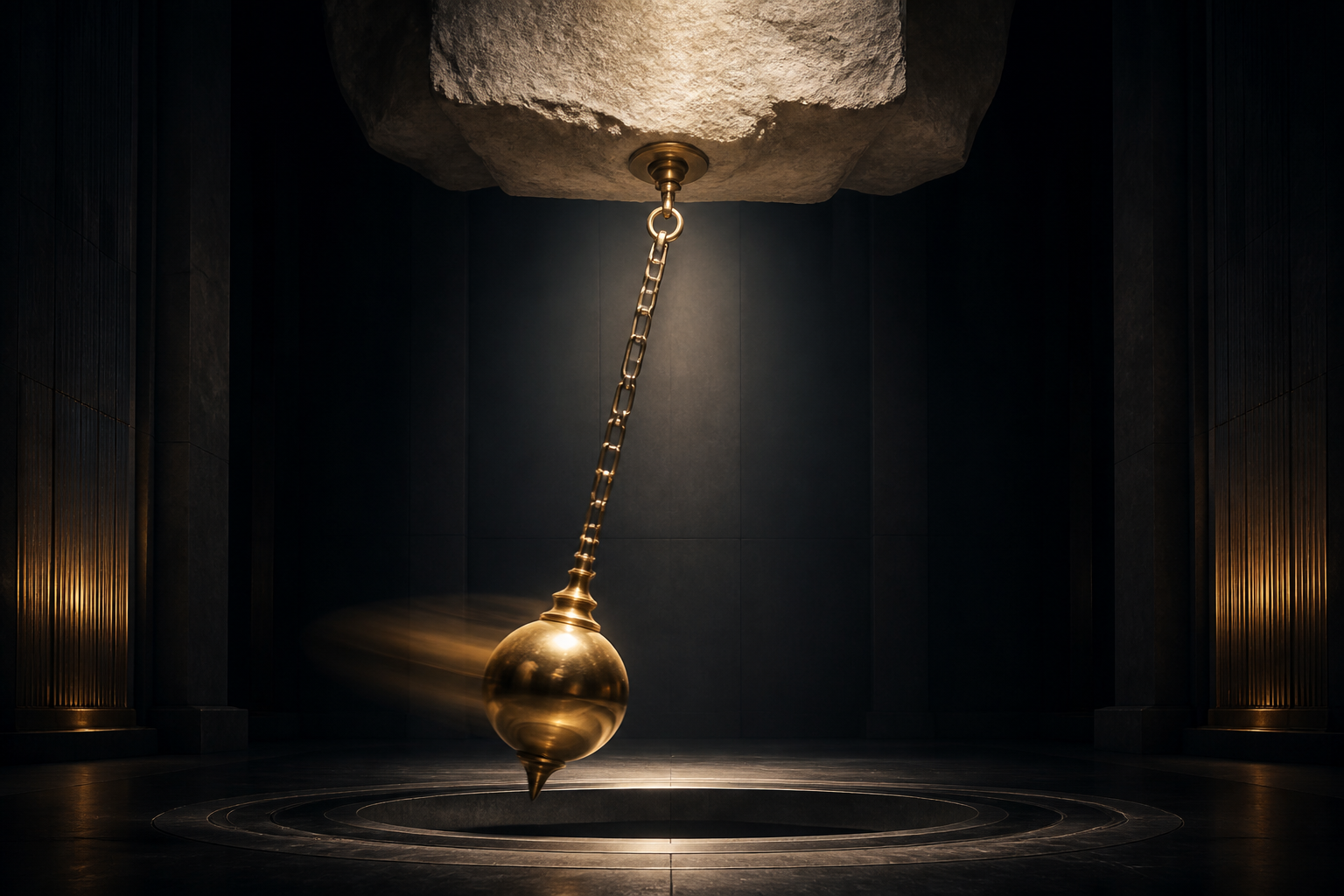 A brass pendulum suspended before a steady stone foundation that does not move with its swing