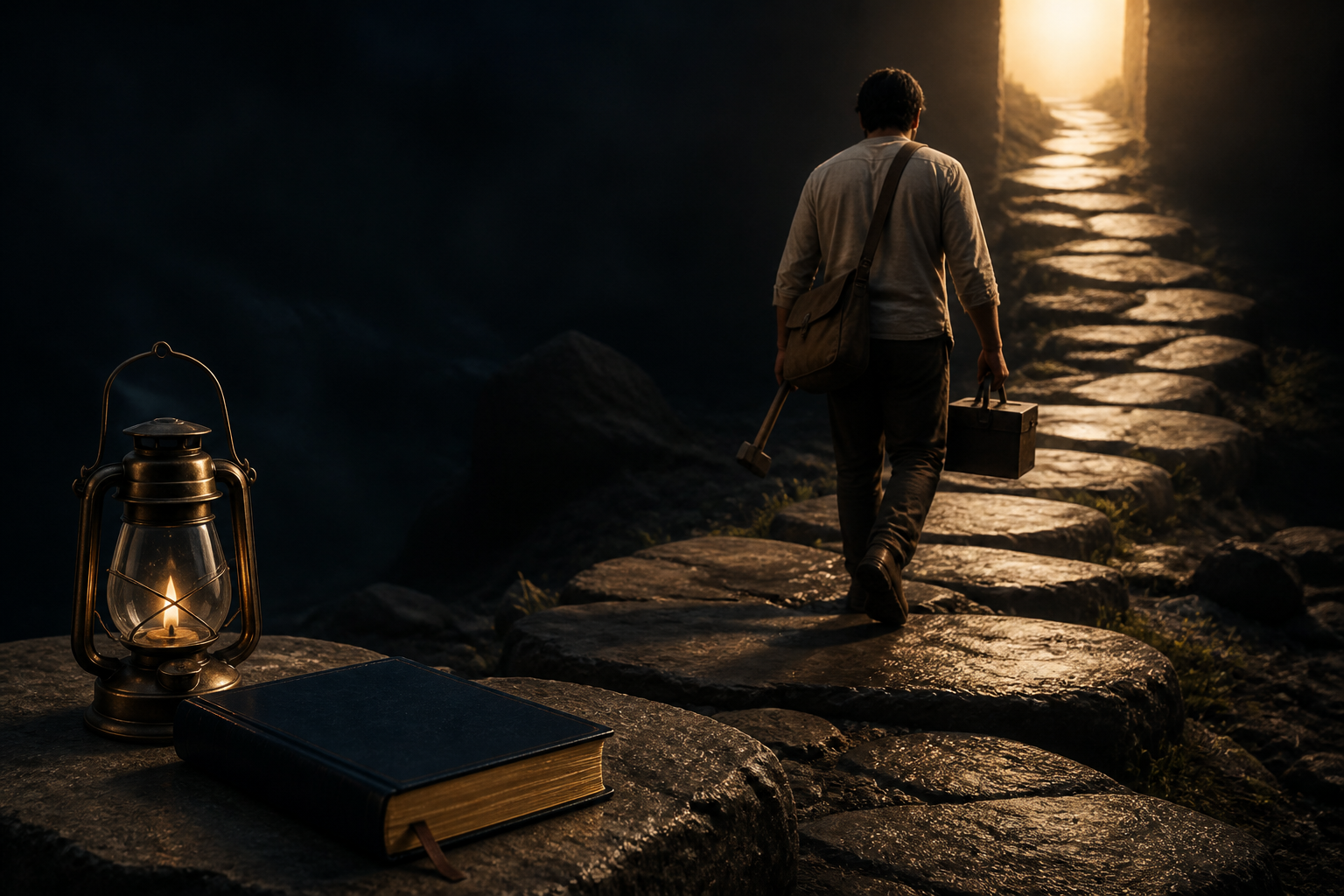 A worker carrying tools along an illuminated stone path beside a closed dark book and brass lantern