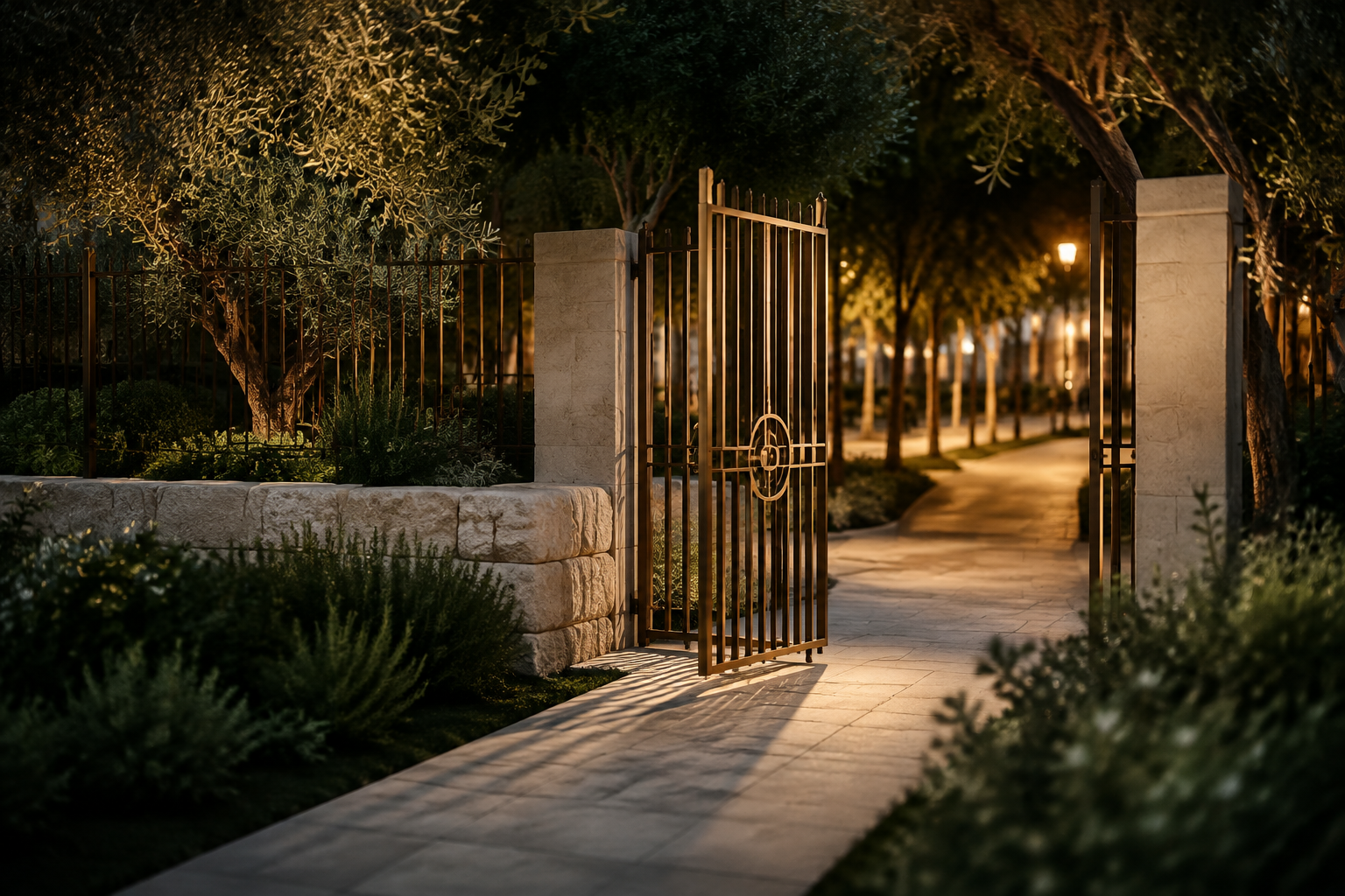 A partly open brass gate defining a peaceful garden boundary along a clear stone path