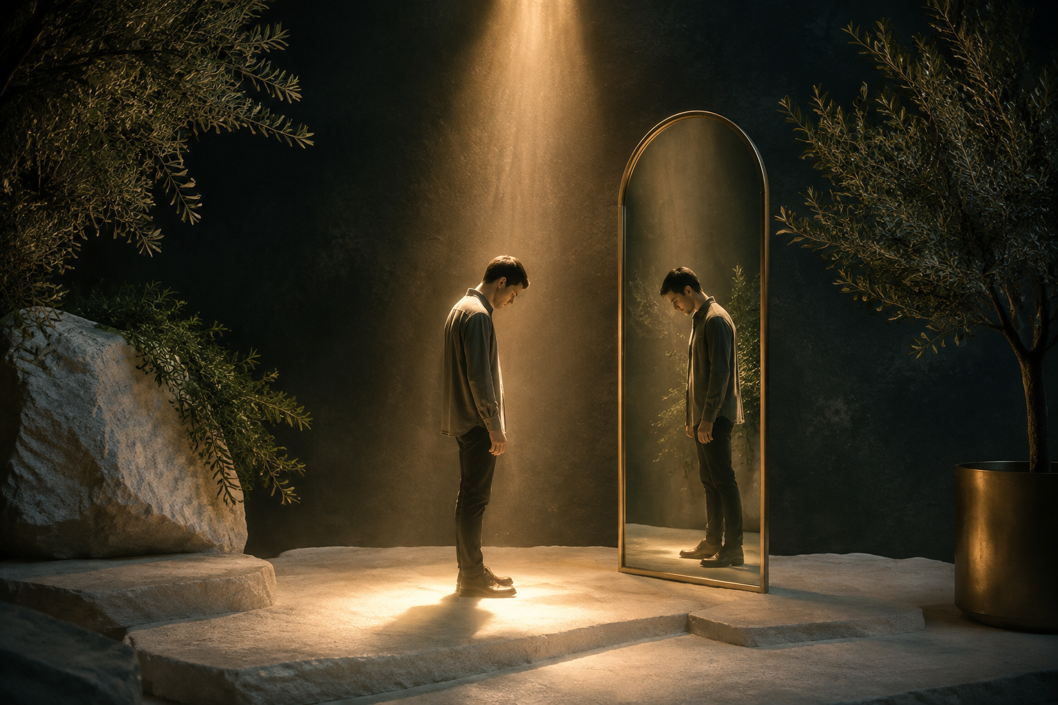 A man under warm light beside a mirror that reflects his ordinary human form