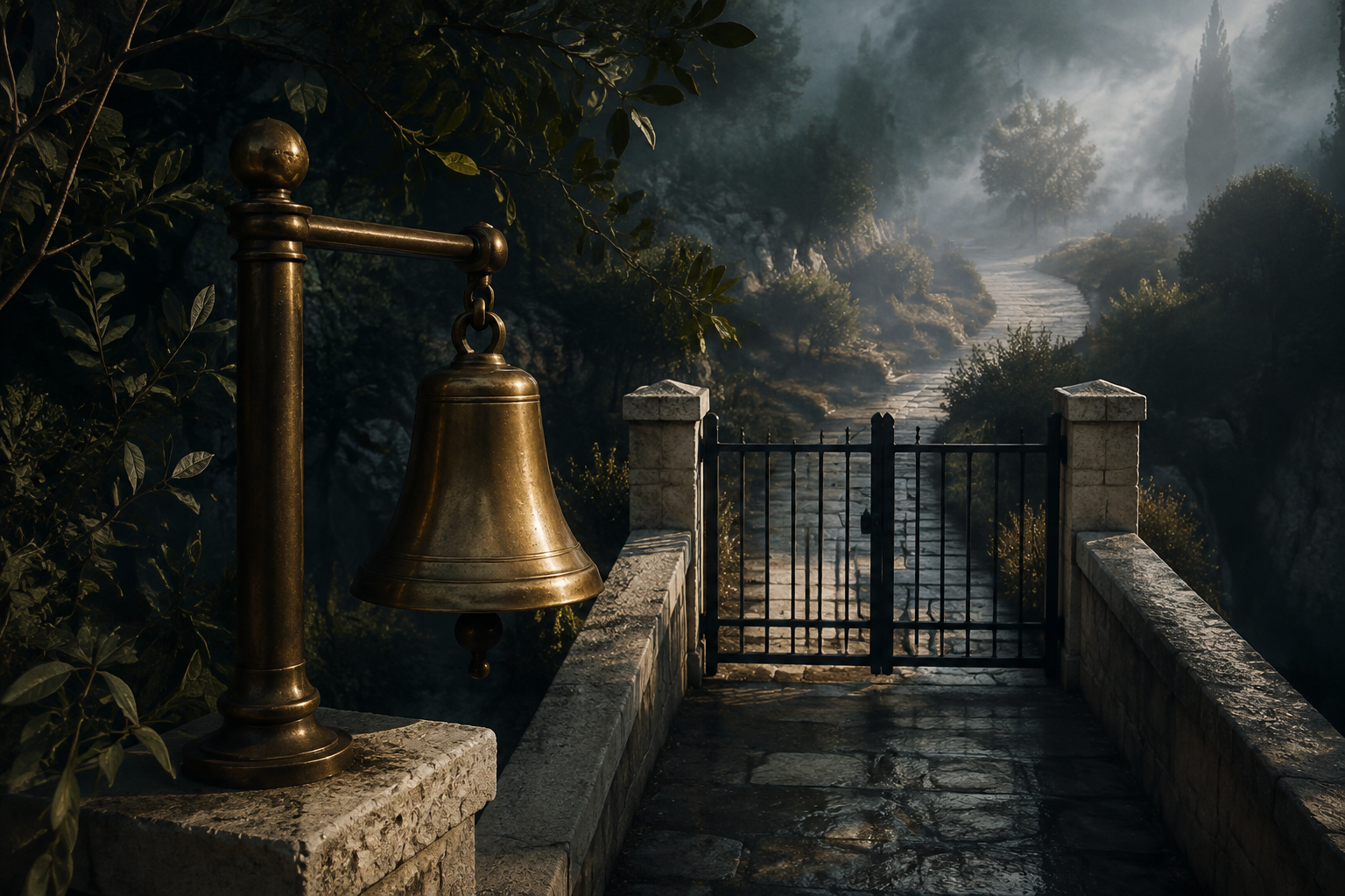 A brass warning bell beside a closed gate on a misty stone bridge