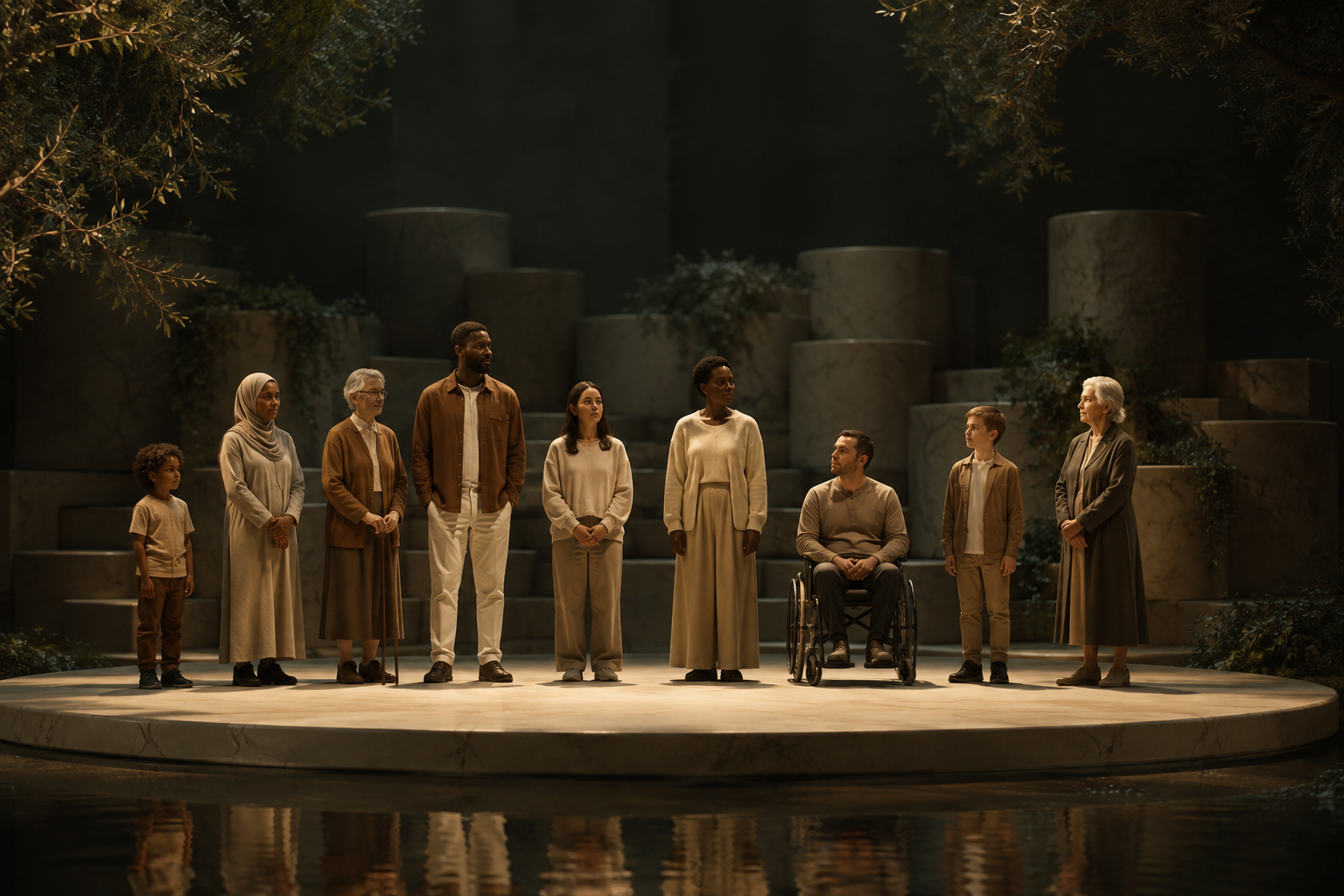 People of varied ages and abilities standing together on one level stone platform