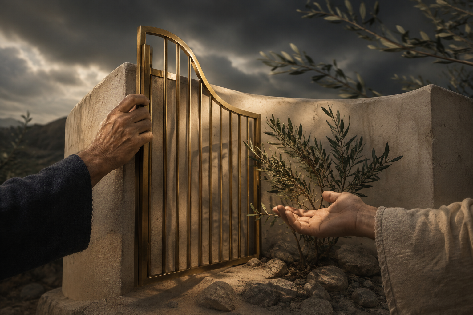 Two hands meeting through an open brass gate beside a sheltered olive branch